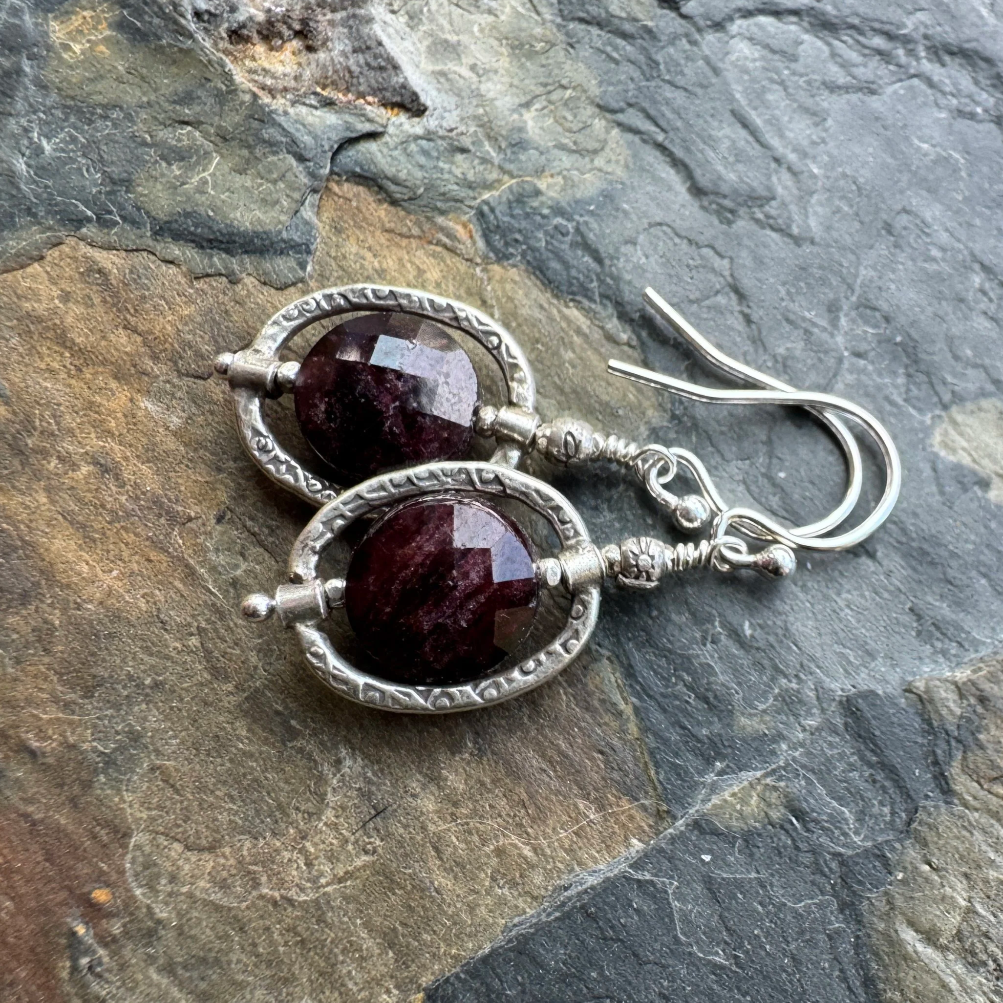 Garnet Coin and Thai Silver Frame Earrings