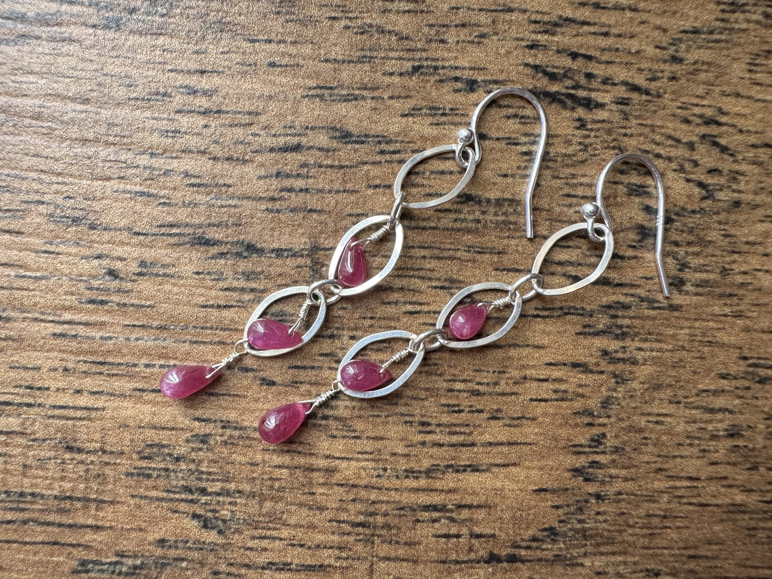 Silver Gem and Circle Earrings in Ruby