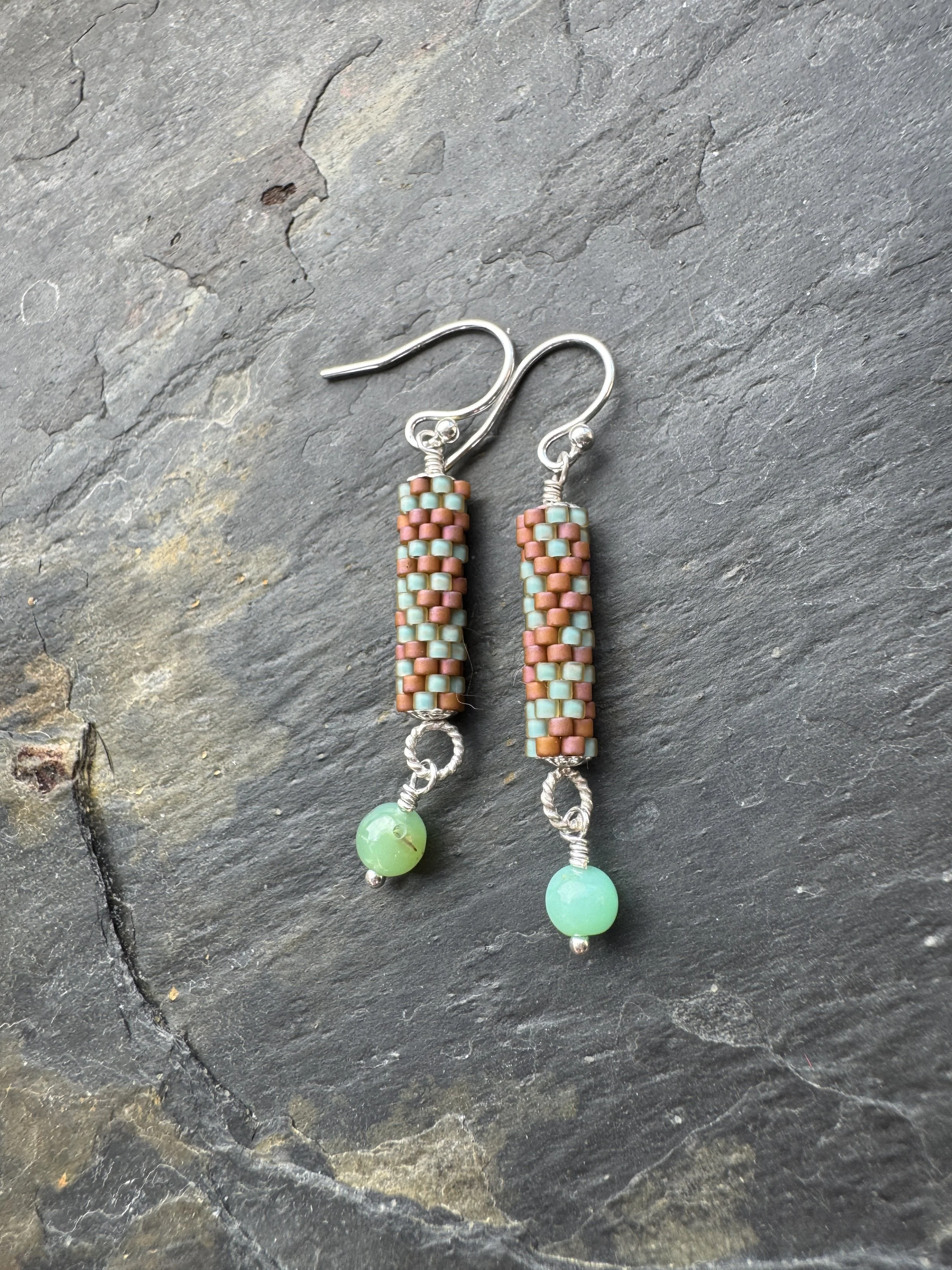 Stitched Earrings With Chrysoprase