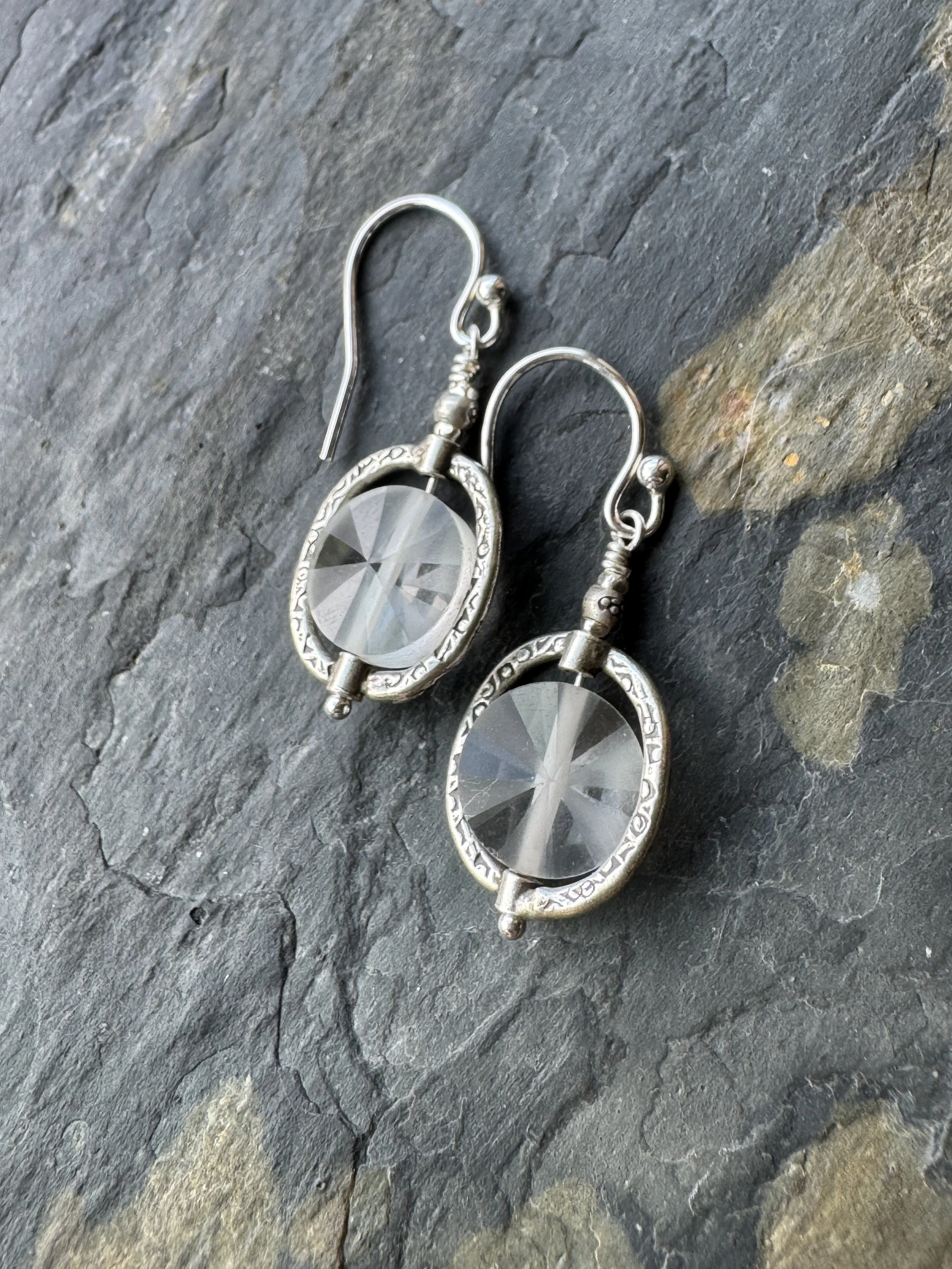 Quartz Coin and Thai Silver Frame Earrings