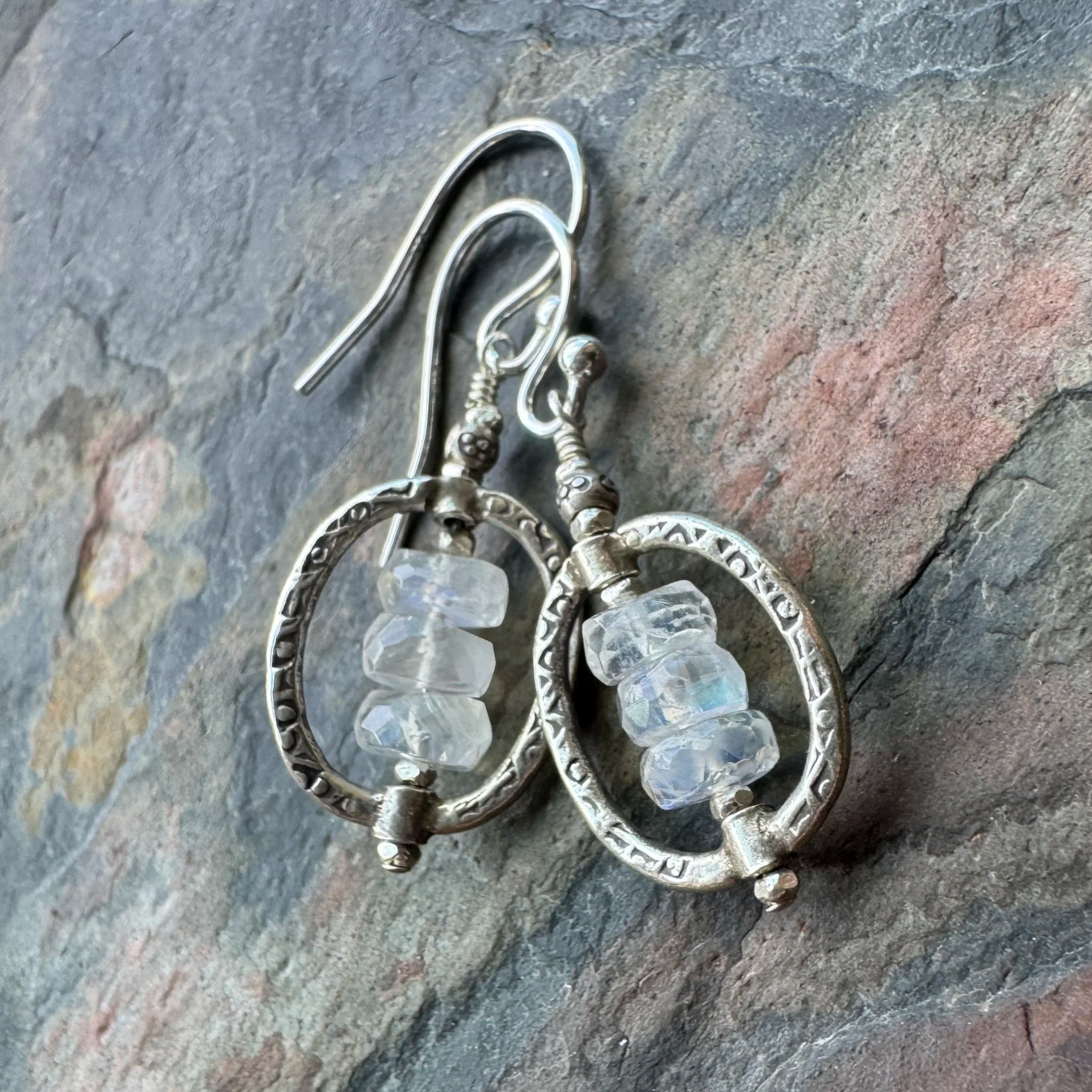 Rainbow Moonstone and Thai Silver Frame Earrings