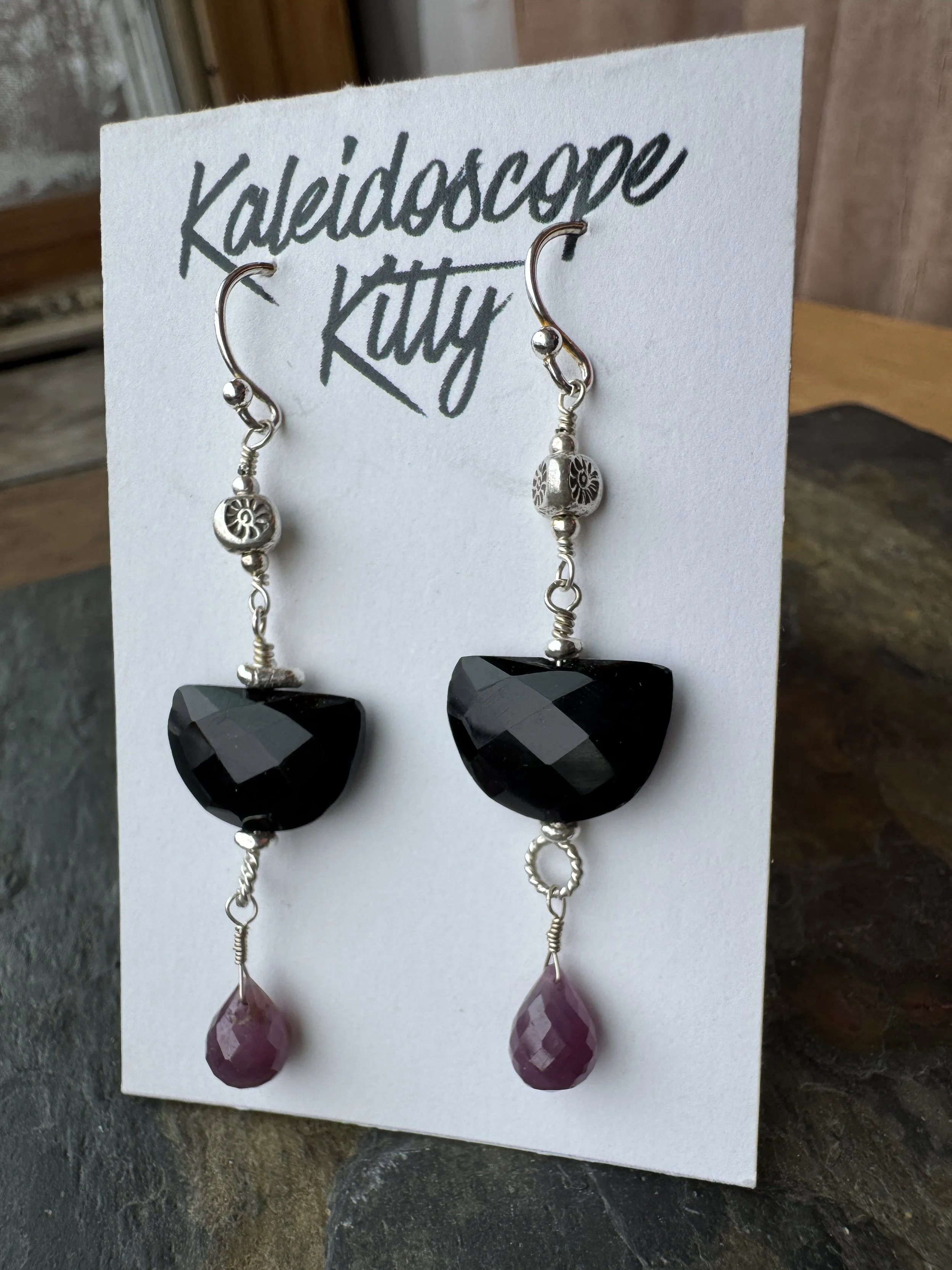 Black Spinel, Ruby and Thai Silver Earrings in Sterling Silver