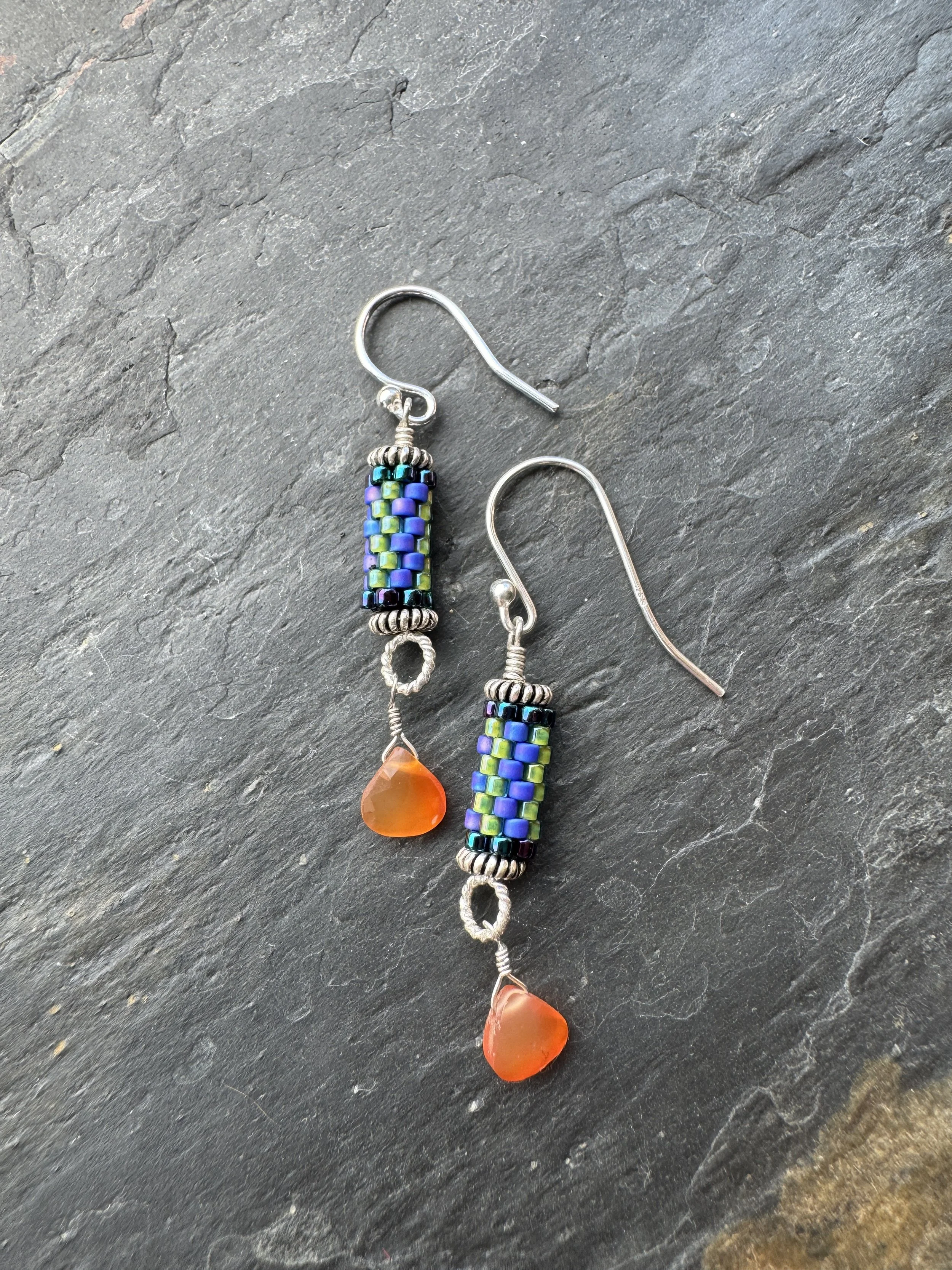 Stitched Earrings With Carnelian