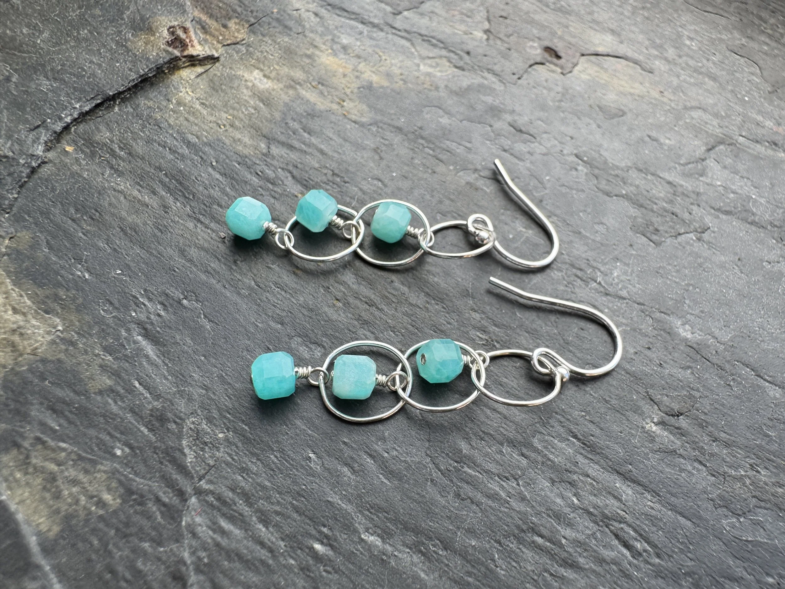 Silver Gem and Circle Earrings in Amazonite Cubes