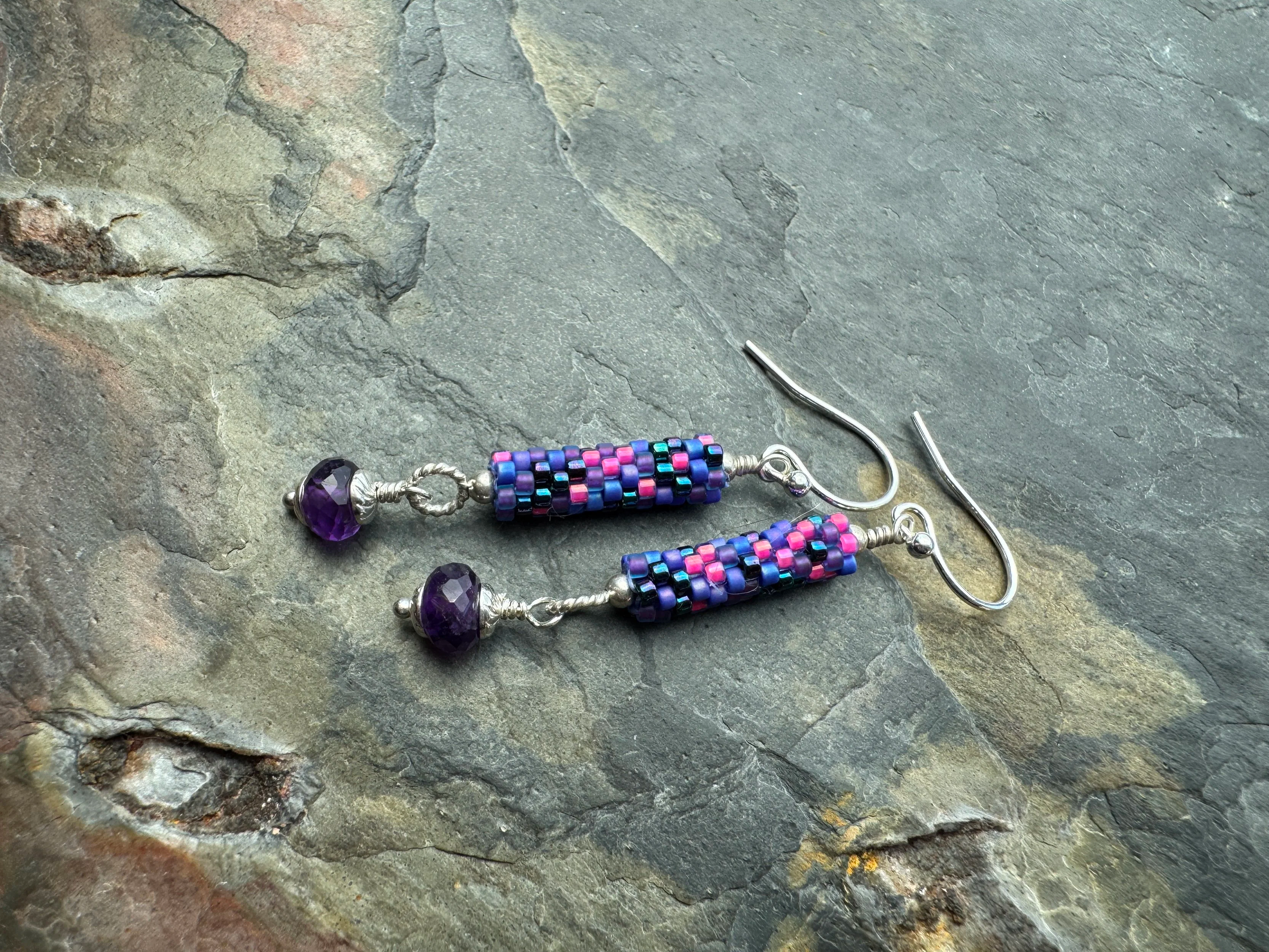Stitched Earrings With Amethyst