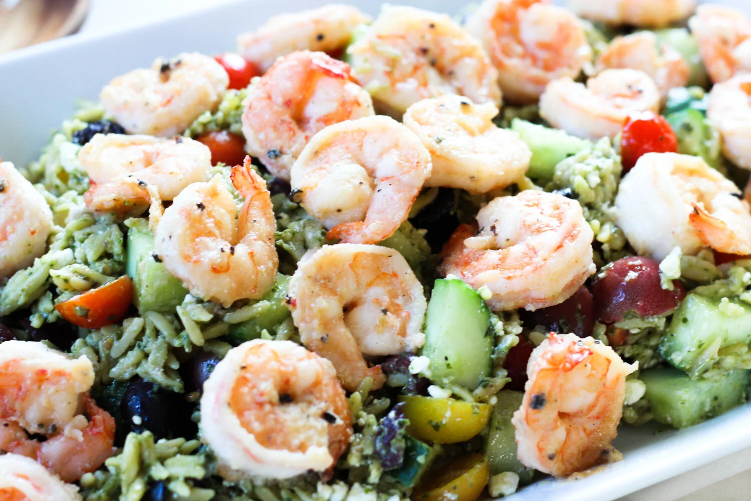 Mediterranean "Orzo" Salad Garlic Lemon Shrimp