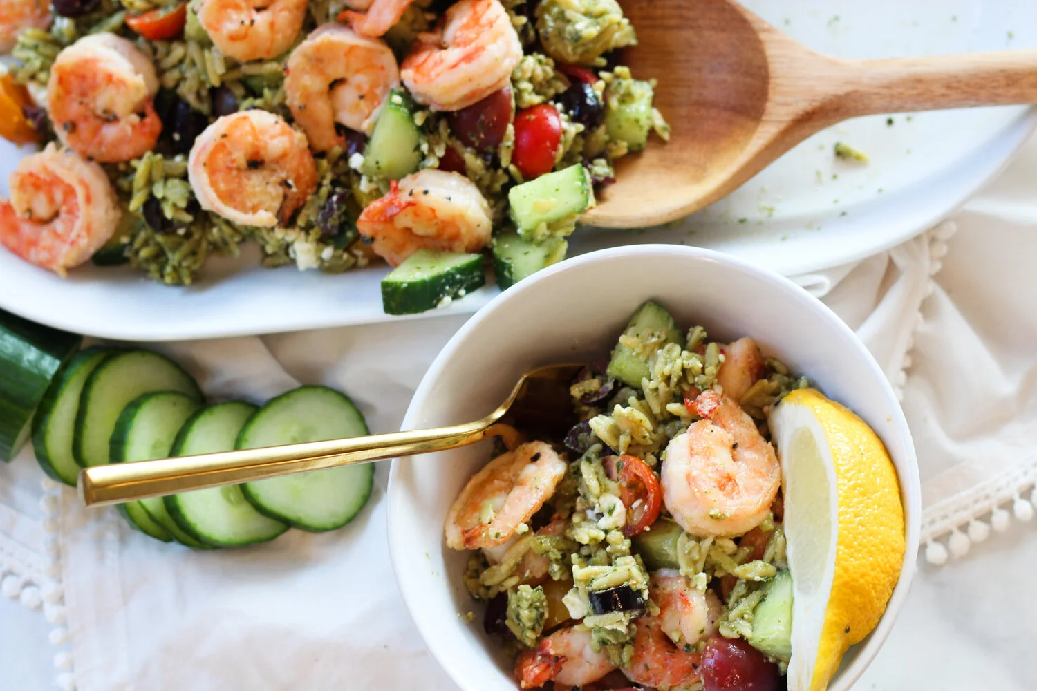 Mediterranean "Orzo" Salad Garlic Lemon Shrimp