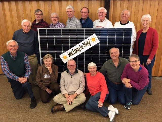 The power team that worked together to bring solar to Trinity. Yes, pun intended. Tom Karvonen, Dick Bobb, Bud Weeks, Priscilla Karvonen, Julie Carter, Enrique Sanchez, Sandy Weeks, Jock Aplin, Barb Engle, Ed Spencer, Ed Lockwood, Dan Donovan, Harry Hankla, and Bob Forsythe.