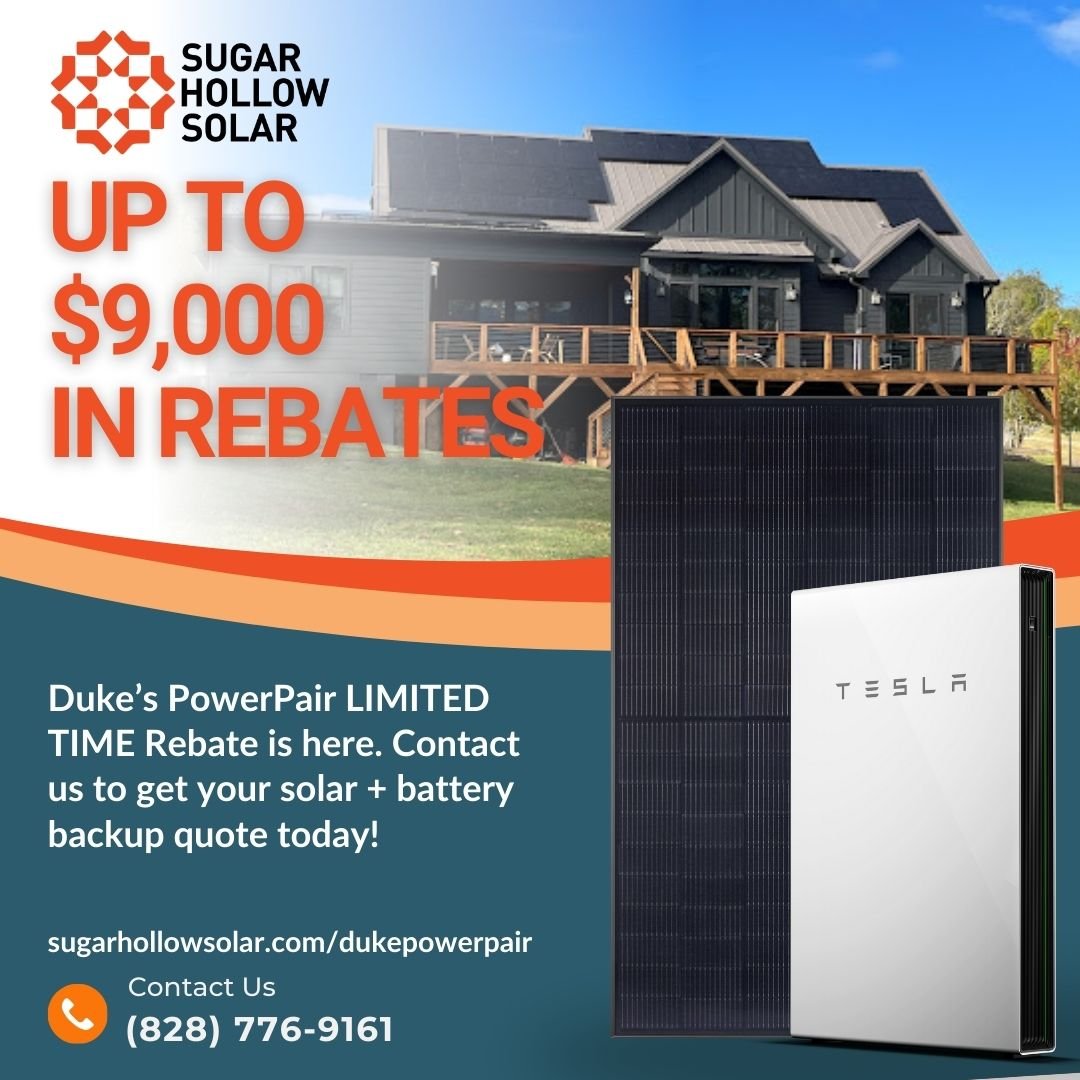 Are you currently considering solar, or know someone who is?

 If so, you may be able to receive up to $9,000 in rebates! Duke Energy is launching PowerPair, a limited capacity pilot program for homeowners in North Carolina, offering incentives for t