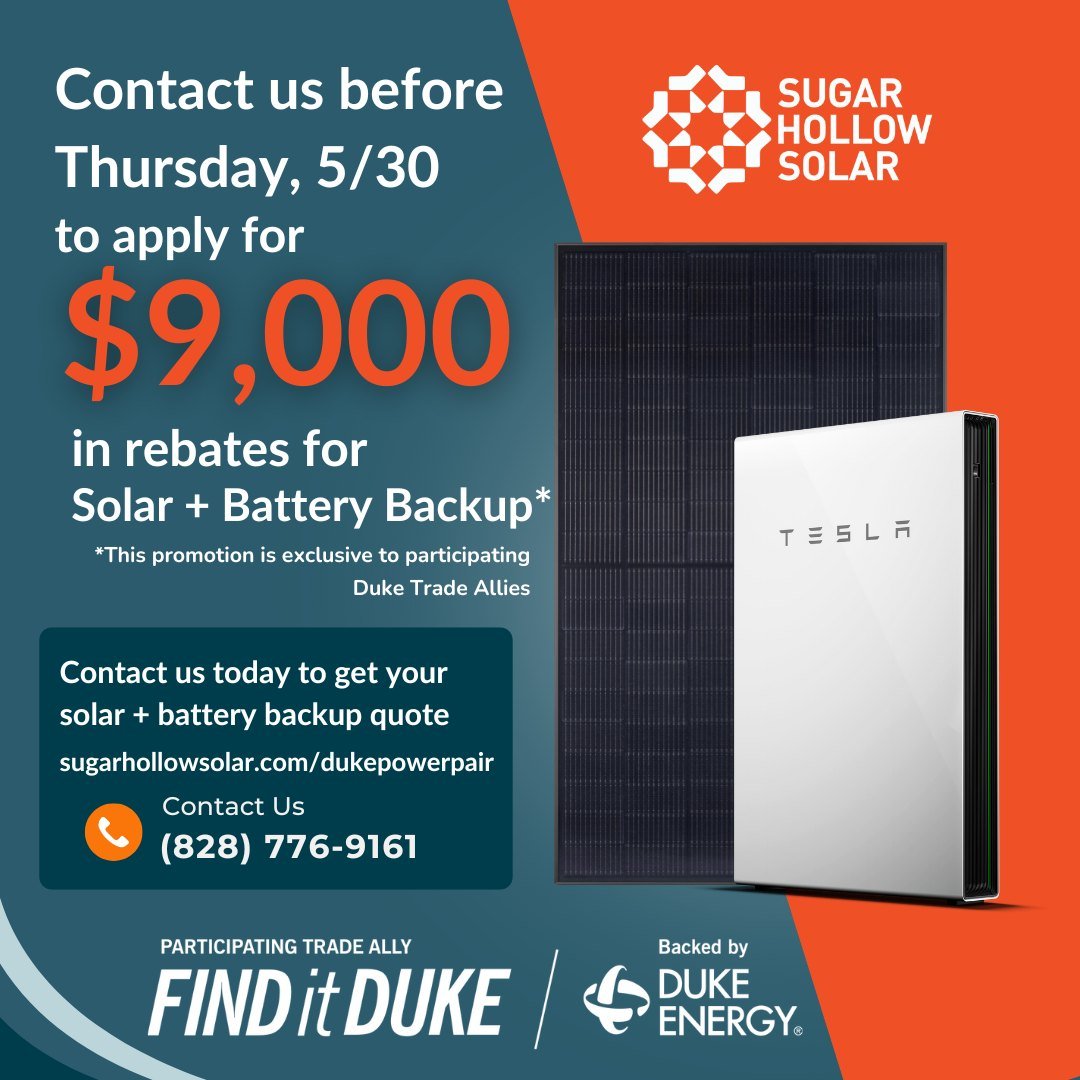The Duke PowerPair application closes soon! 

Contact us by Thursday, May 30th to see if you are eligible for the first round of up to $9,000 off. This is in addition to the 30% federal tax credit, meaning you could see around 50% of your solar trans