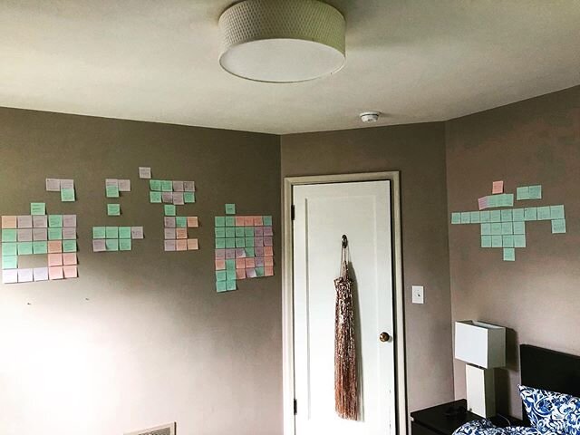 This is our bedroom in Spokane.  Satisfying to watch the &ldquo;done&rdquo; column filling up.  Are your to-do lists this long?! .
#postit #postitnotes #todolist #bedroom #office #nightjob #ideas #execution #startup #getitdone