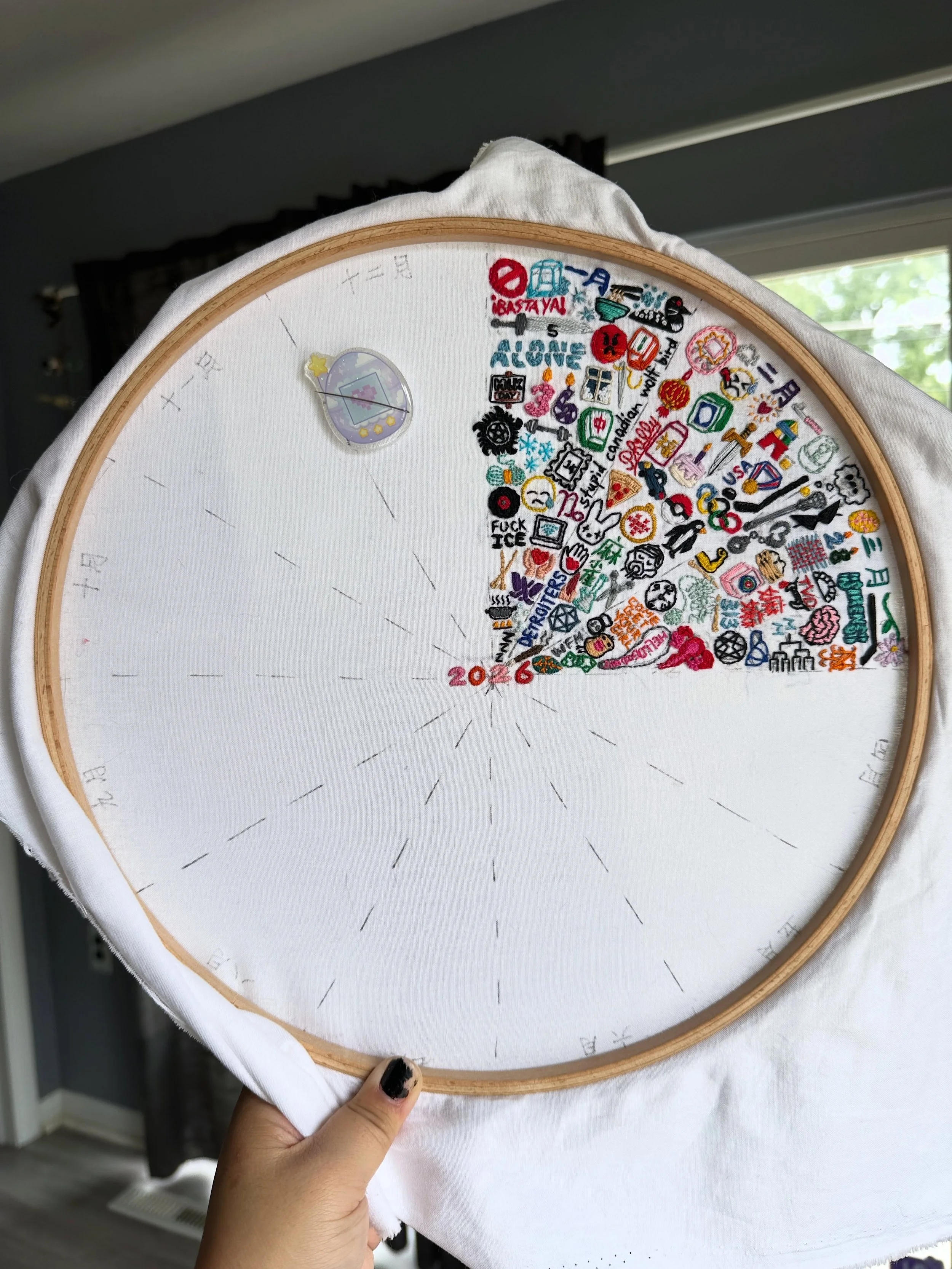 Third slice of monthly pie complete on this 365 embroidery journal! Still committed to finishing. 🤞 Still five months to go. 🫣😆 

#EmbroideryJournal #EmbroideryJournal2026 #EmbroideryHoopArt #FiberArtist #BIPOCmaker