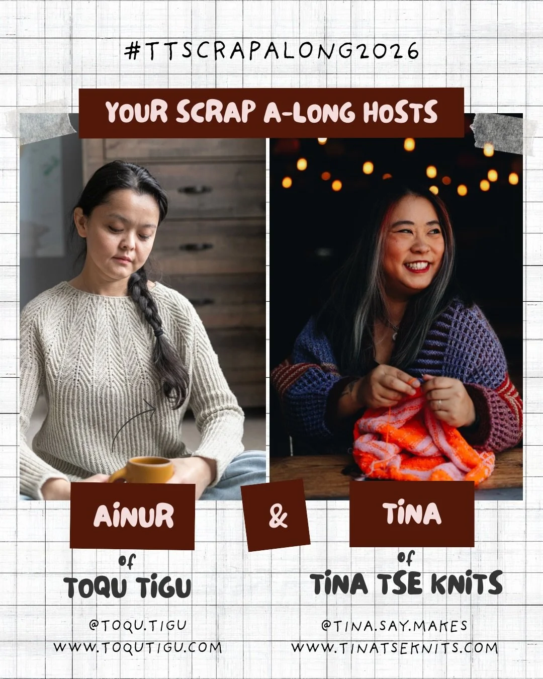 We are your Scrap A Long hosts: @toqu.tigu and @tina.say.makes ! We announced the TT Scrap Along 2026 a few weeks ago and we&rsquo;re now just one week away! Reminding you that starting today until cast-on day, Ainur and I&rsquo;s pattern shop is run