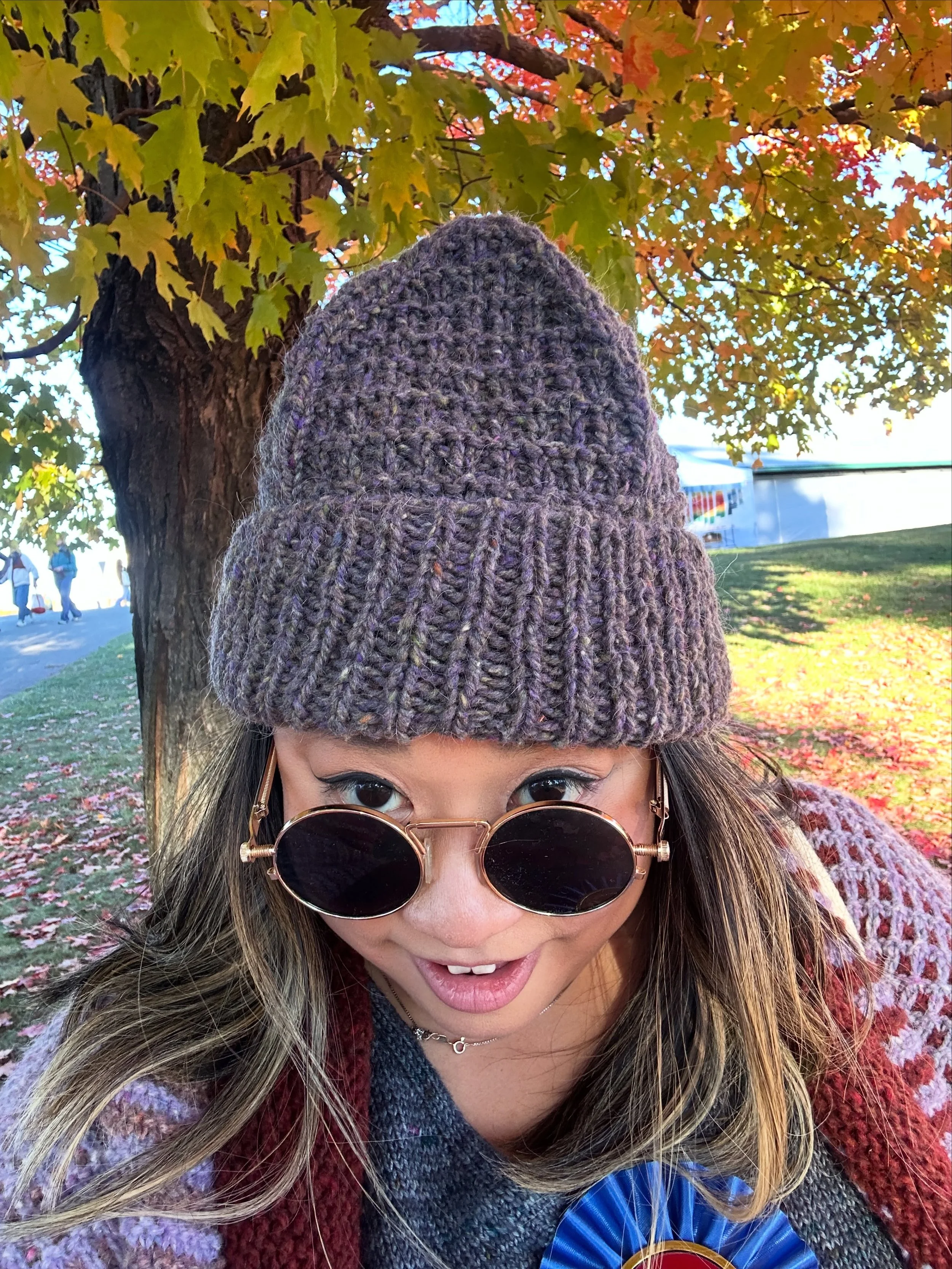 The only thing I knit new for Rhinebeck this year was a #RhinebeckBeanie! @toriknitsnyc just released her #RhinebeckRaglan and this pattern a little over a week ago. I had a skein of @peace_fleece worsted in their special 2024 Rhinebeck colorway &ldq