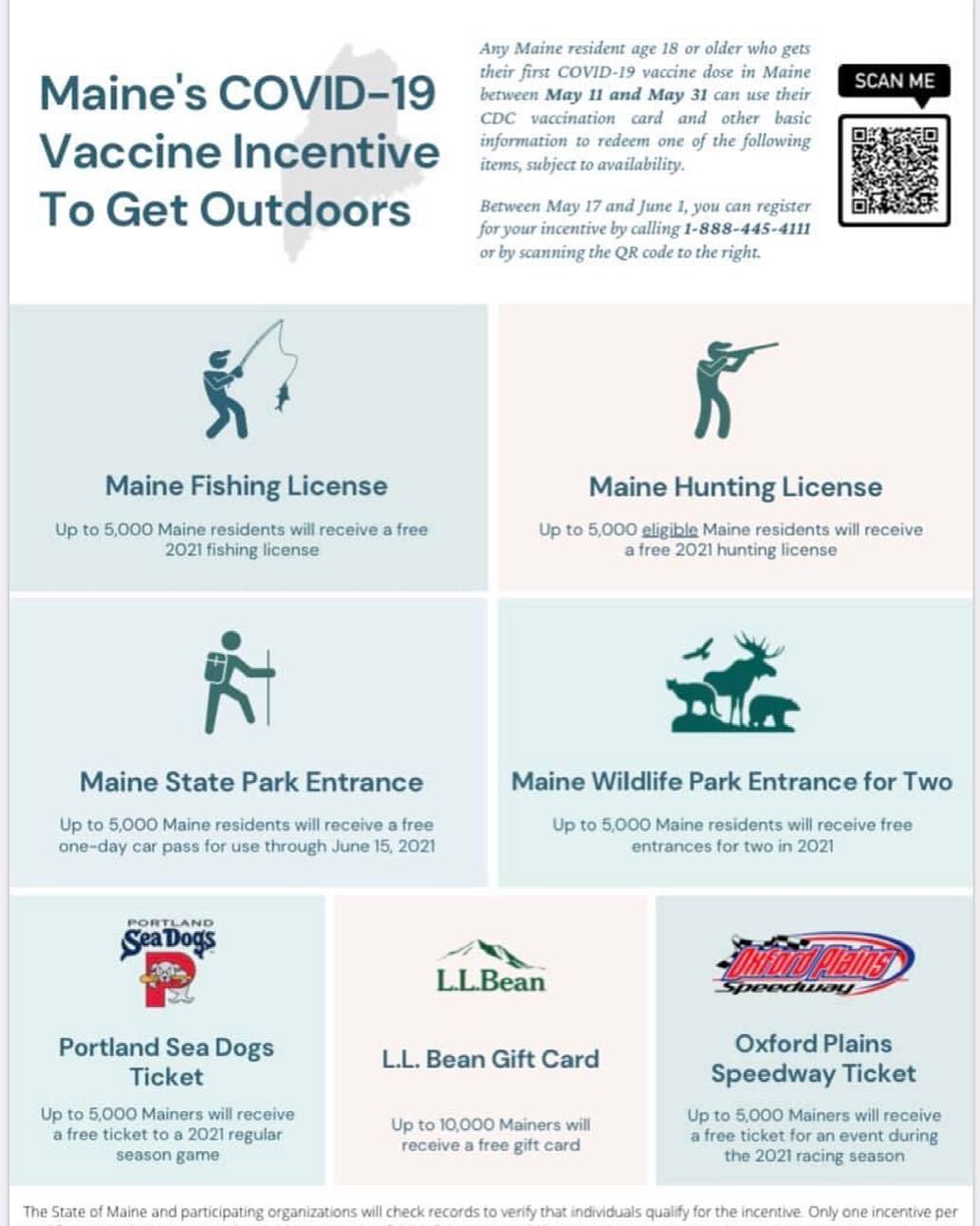 Are you a Maine resident age 18 or older, who will have received a vaccine between May 11 and May 31? You can use your CDC Vaccination card to redeem a free fishing license, hunting license, state park entrance, wildlife park entrance, or other incen