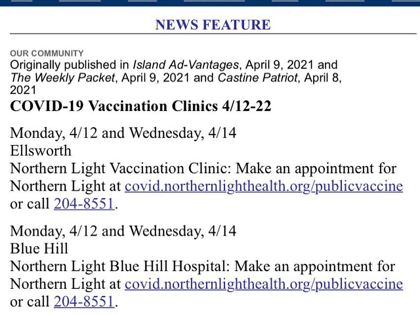 More local vaccine options:
Stonington (2nd dose) 4/12
Stonington 4/14
Brooksville 4/17
Sedgwick 4/21
Deer Isle 4/22
Check @northernlighthealth for Blue Hill and Ellsworth
Check @mdihospital for MDI
Call to book your appointment. 
Don&rsquo;t forget 