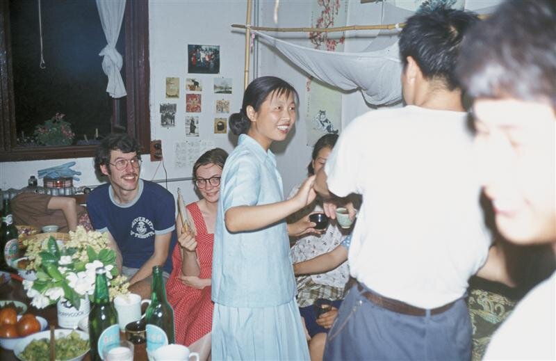  Little Guan’s surprise birthday party in 1979 with Western and Chinese classmates at Nanjing U. 