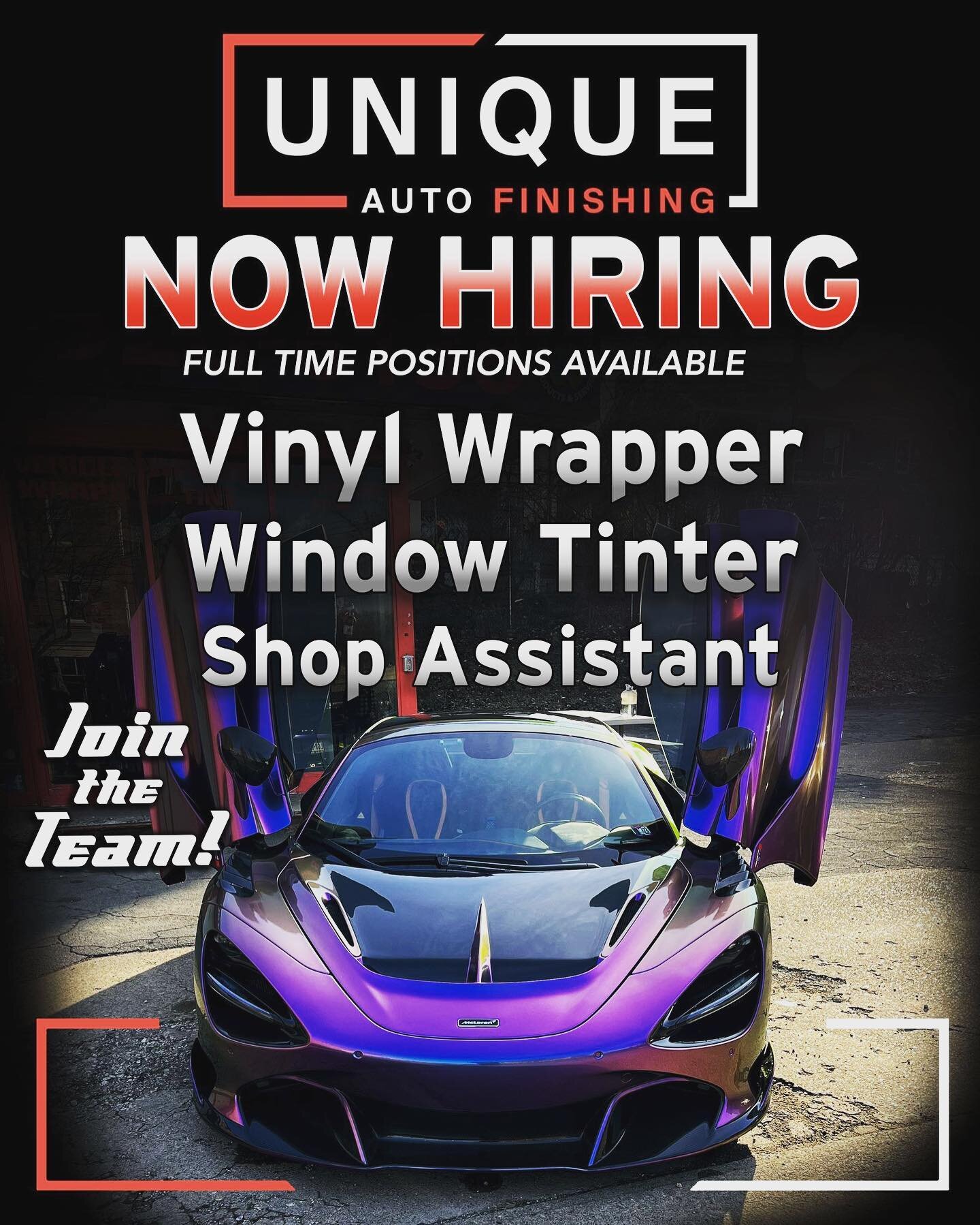 Looking for experienced wrappers/window Tinter&rsquo;s also shop help. Training available for the right person.