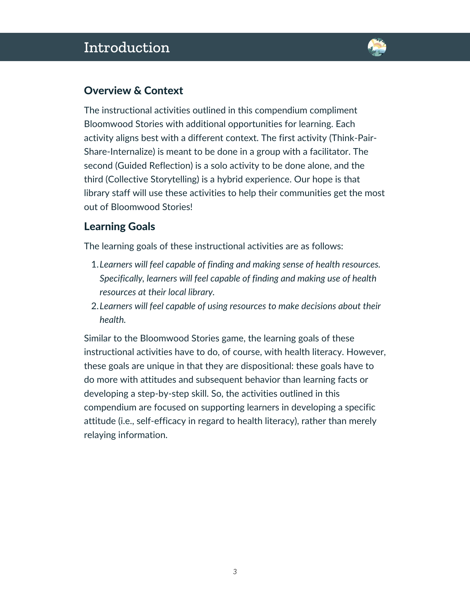 Introduction page of the instructional activity compendium showing Overview & Context describing three activities, and Learning Goals: learners will feel capable of finding health resources and using them to make health decisions.