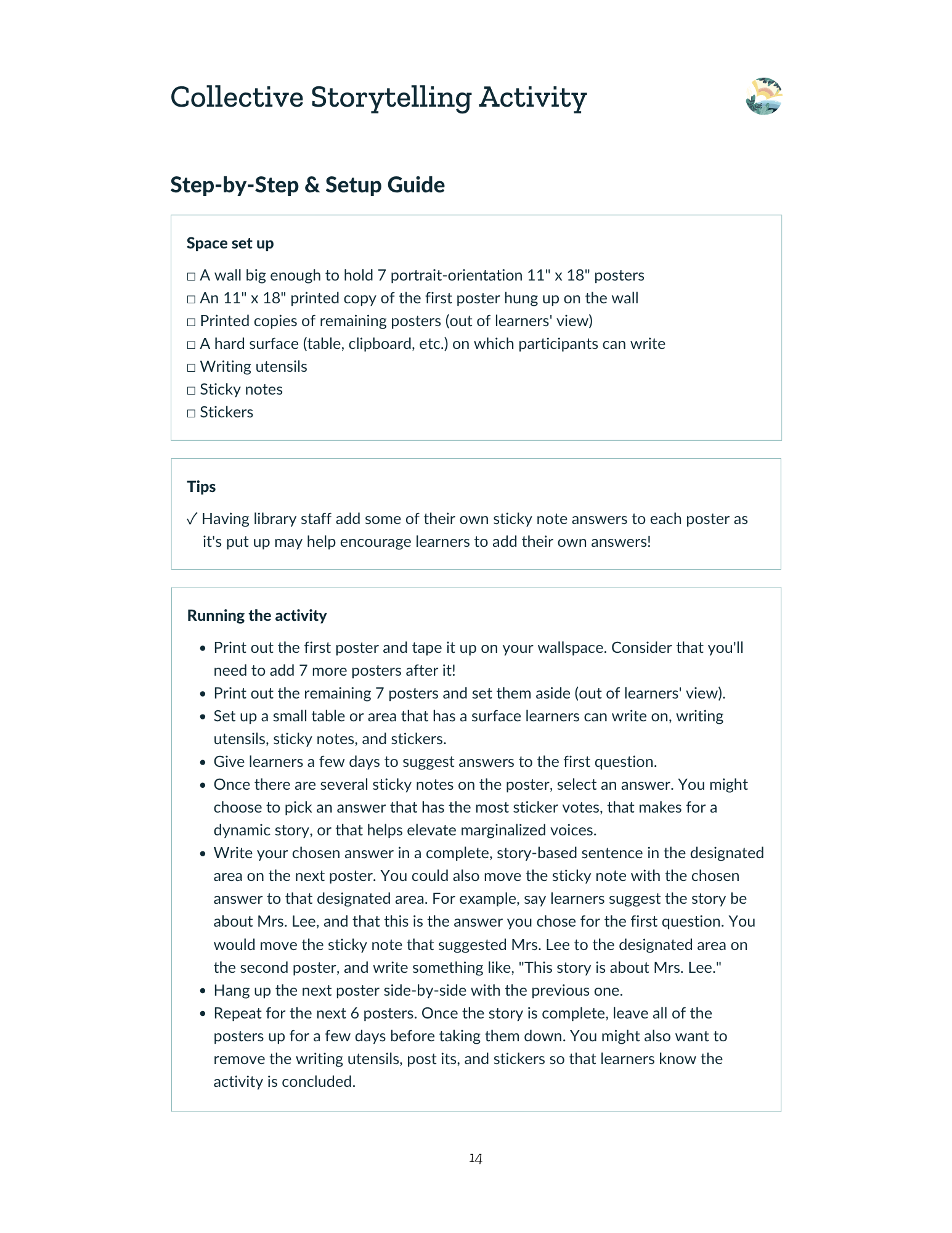 Page from the Collective Storytelling Activity section showing the Step-by-Step & Setup Guide with three boxed sections: setup materials, facilitation tips, and step-by-step instructions for running the activity.