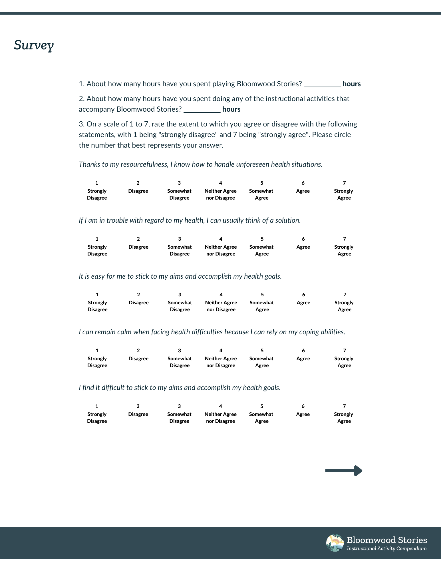 First page of post-engagement survey: questions about hours spent with Bloomwood Stories and instructional activities, followed by Likert-scale items (1-7) measuring health-related self-efficacy.