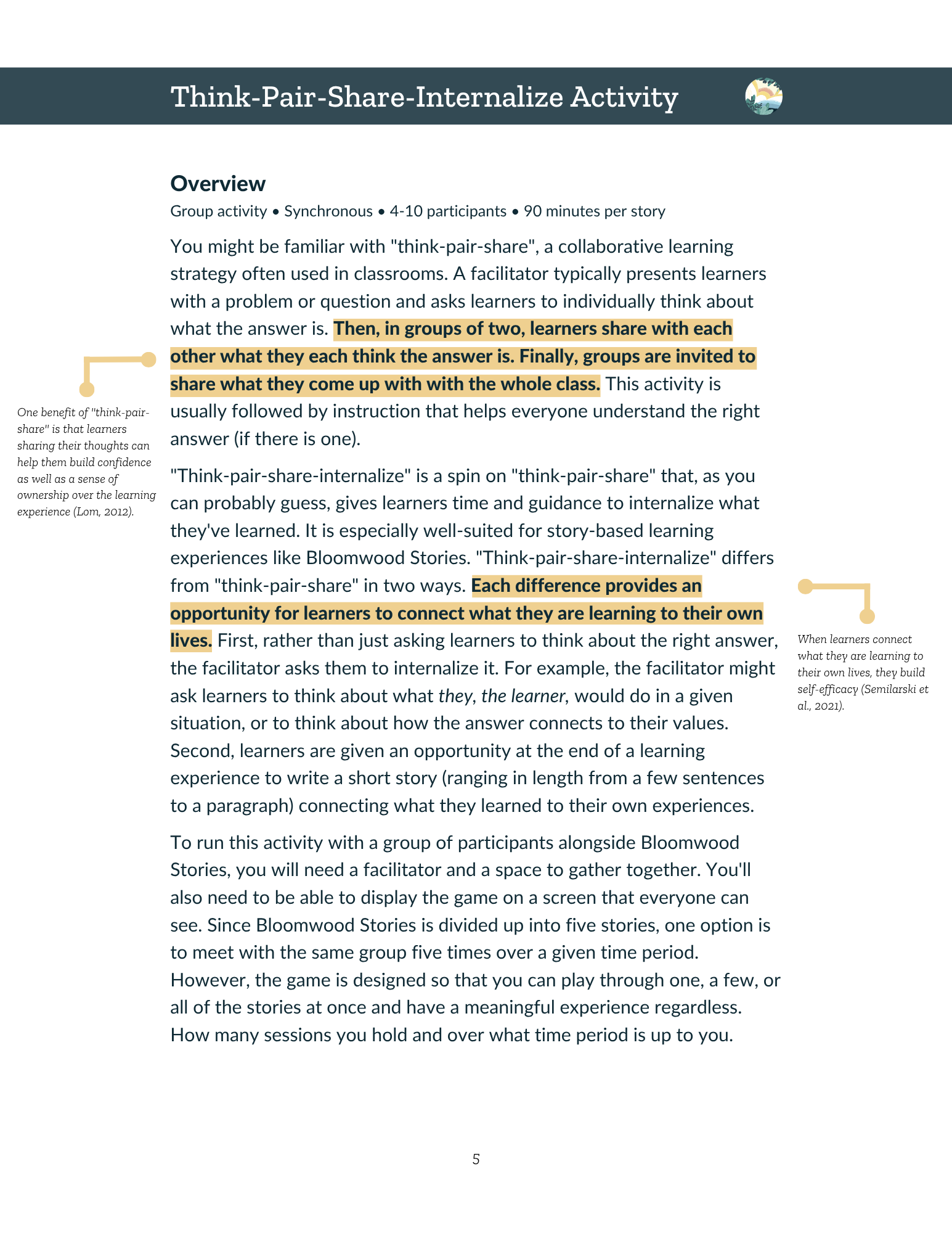 Page from the Think-Pair-Share-Internalize Activity section showing the activity overview with two research callouts citing Lom (2012) and Semilarski et al. (2021) explaining the research basis for design choices.