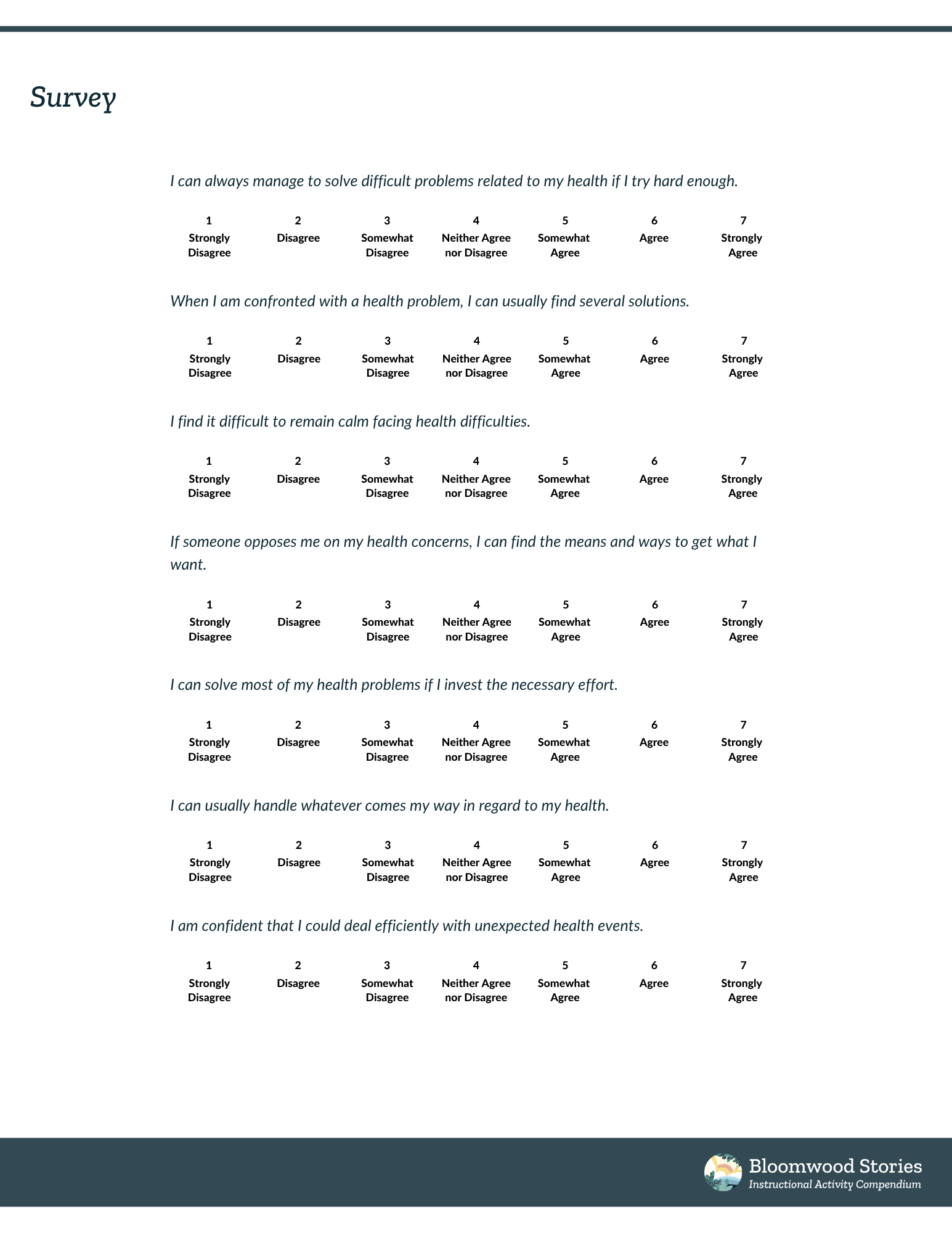 Second page of post-engagement survey continuing with additional Likert-scale items (1-7) measuring health-related self-efficacy.