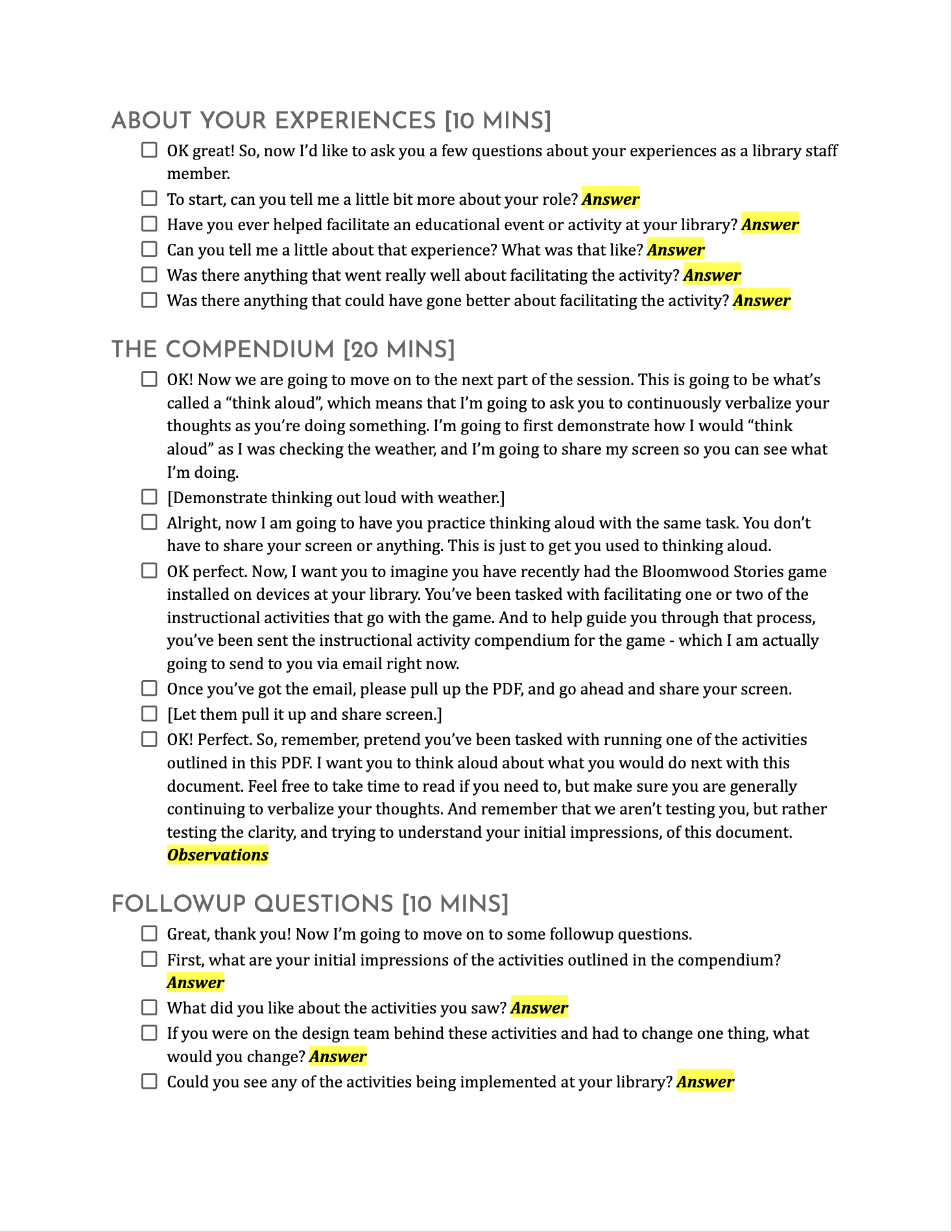 Excerpt from the think-aloud protocol showing three interview sections: About Your Experiences, The Compendium, and Followup Questions. Each item has a facilitator checkbox; yellow highlights mark spaces to record answers and observations.
