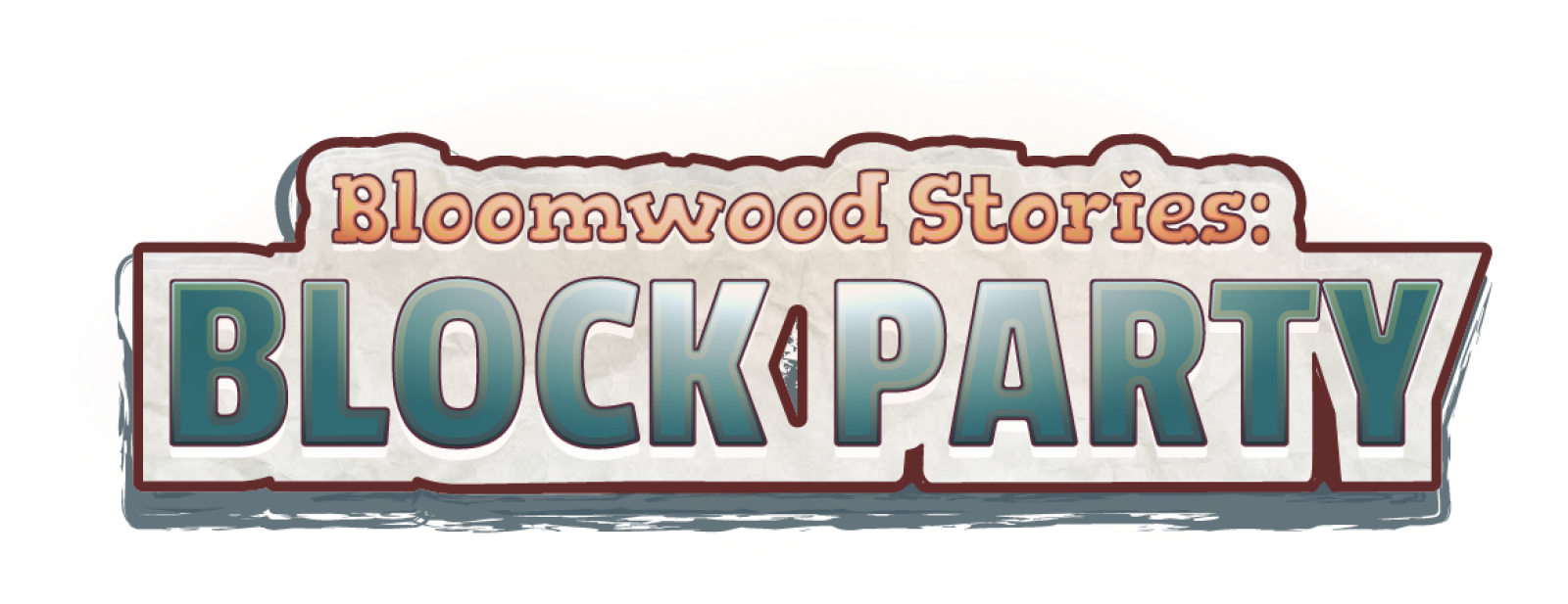 Bloomwood Stories: Block Party logo. Illustrated game title with "Bloomwood Stories" in orange script and "BLOCK PARTY" in large teal block letters on a torn-paper background.