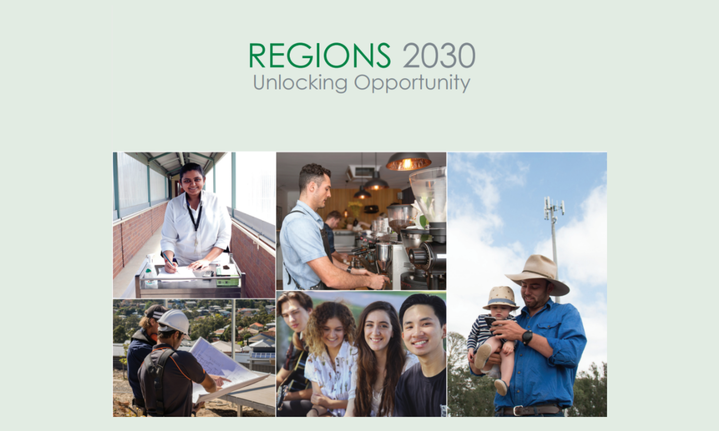 Collage showing diverse professionals, a group of friends, and a father with a child under the title 'REGIONS 2030 Unlocking Opportunity'.