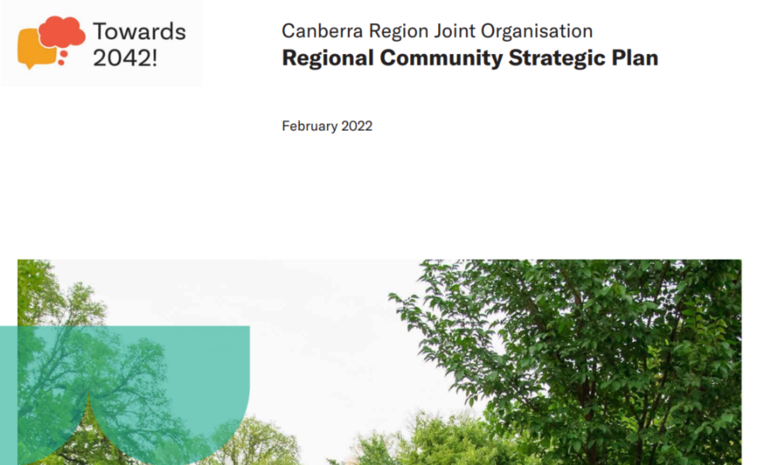 Cover of Canberra Region Joint Organisation's "Regional Community Strategic Plan" from February 2022, featuring a logo with speech bubbles and background trees.
