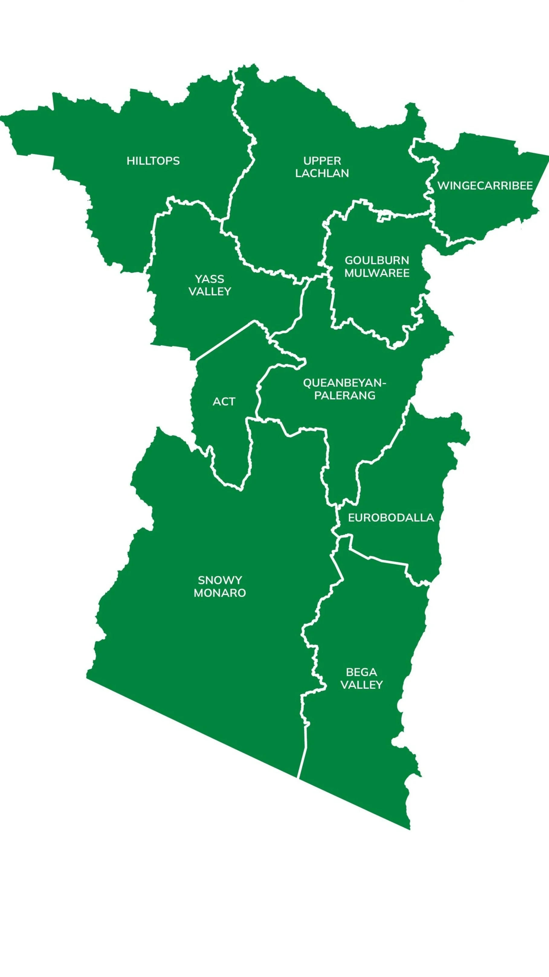 Map of regional divisions in New South Wales, Australia, showing Hilltops, Upper Lachlan, Wingecarribee, Yass Valley, ACT, Goulburn Mulwaree, Queanbeyan-Palerang, Eurobodalla, Snowy Monaro, and Bega Valley.