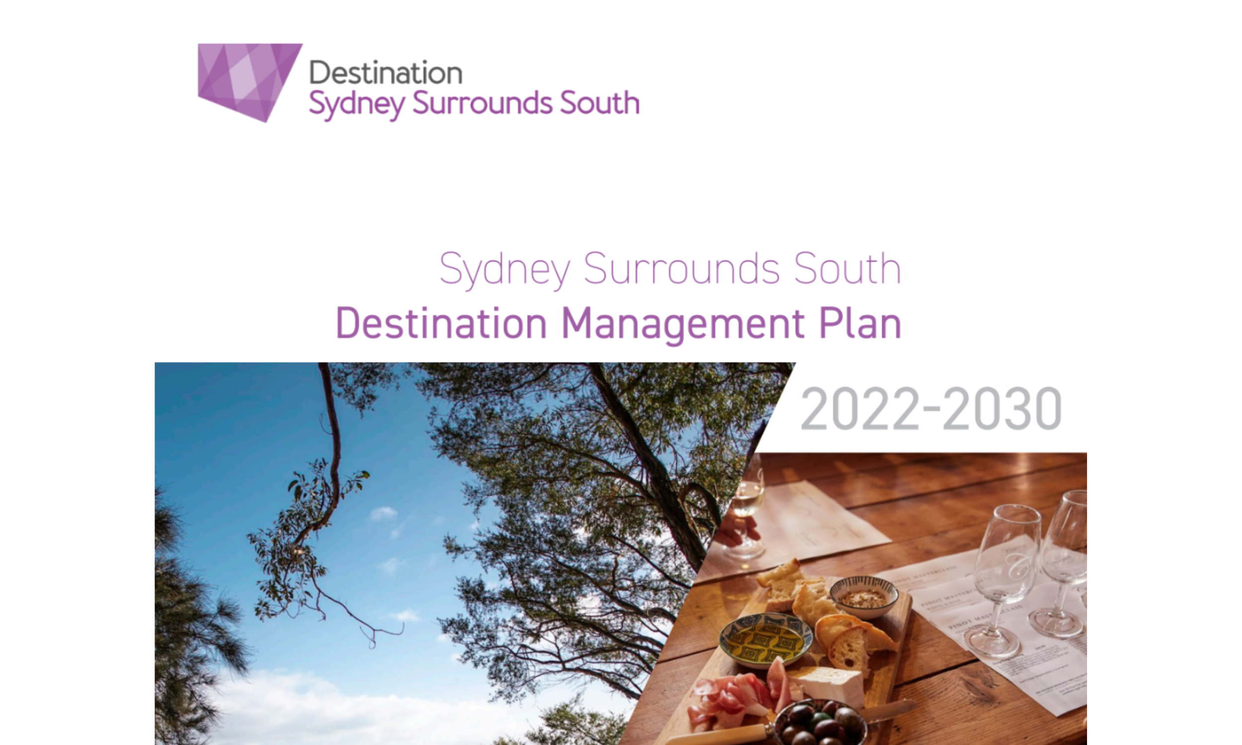 Cover of Sydney Surrounds South Destination Management Plan 2022-2030 featuring logo, blue sky, trees, and a table with food and wine glasses.