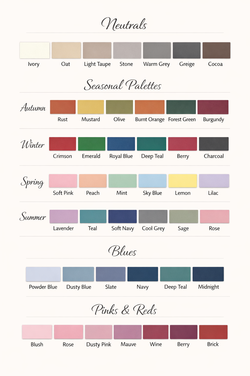 Image of colour palette swatches  for choosing outfits for family photography sessions with Susan Bradfield Photography