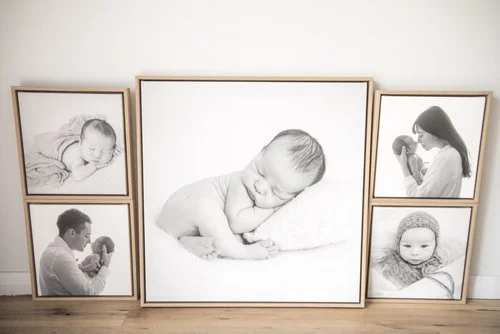Susan Bradfield Photography studio framed print samples of framed canvases of a newborn baby photography shoot.