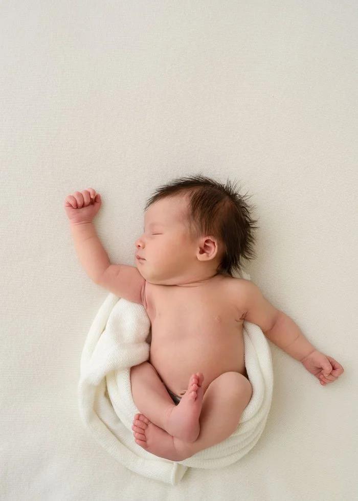 Susan Bradfield Photography newborn baby image of a baby wrapped on a cream backdrop in a superhero pose.