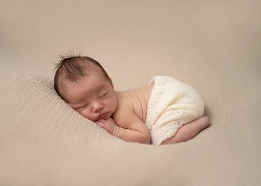 Melbourne newborn photography Image of cute newborn sleeping baby  on his tummy in bloomers in neutral tones