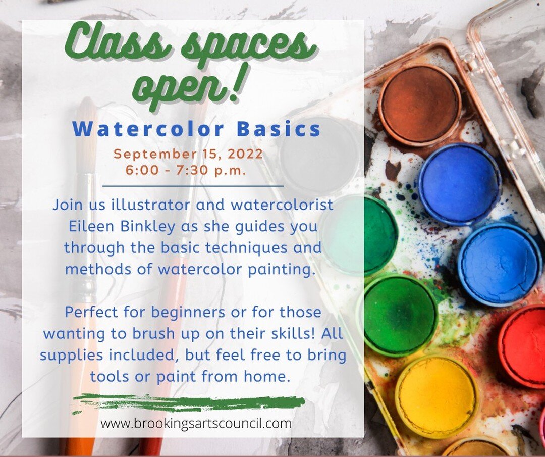 Join us at the BAC with artist Eileen Binkley (@eileenbinkleyart) while she teaches basic techniques of painting with watercolor! 

- No experience necessary, perfect for beginners as well anyone who wants to brush up on their painting foundations

-