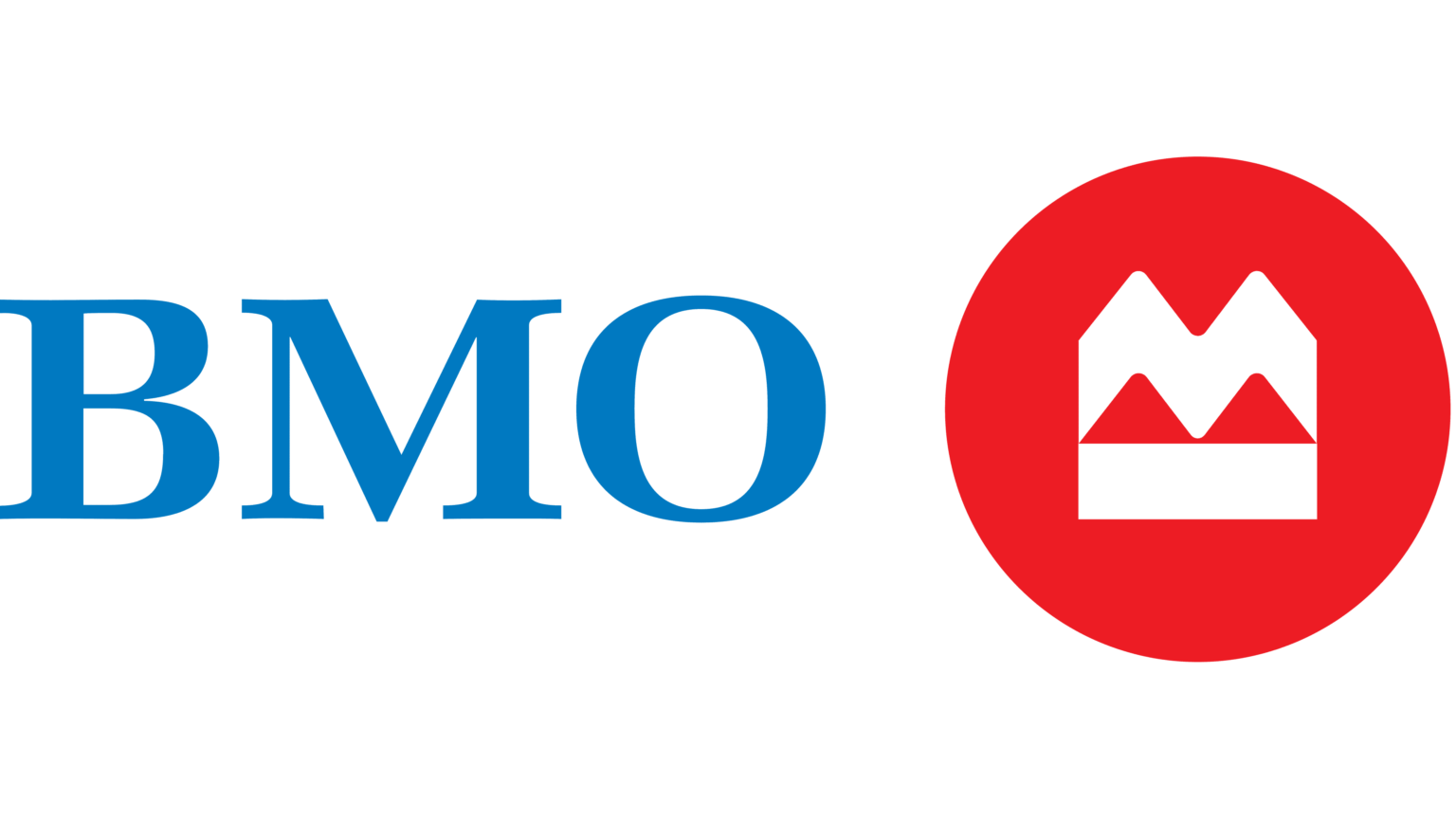 BMO logo with red circle and stylized white crown or mountain symbol