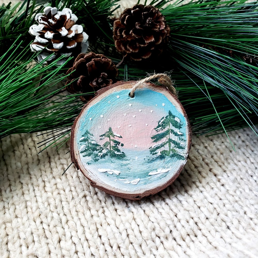 Wood Slice Ornament, Winter Trees 