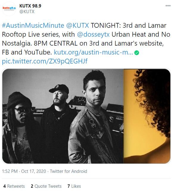 This is a good example of PR. KUTX  radio station tweeted about 3rd &amp; Lamar’s Rooftop Live before the show Oct. 17.