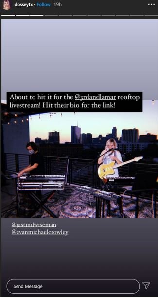It’s helpful if event participants plug your programming on the day of the event. In this example, DOSSEY mentions 3rd &amp; Lamar’s Rooftop Live on Instagram Stories.