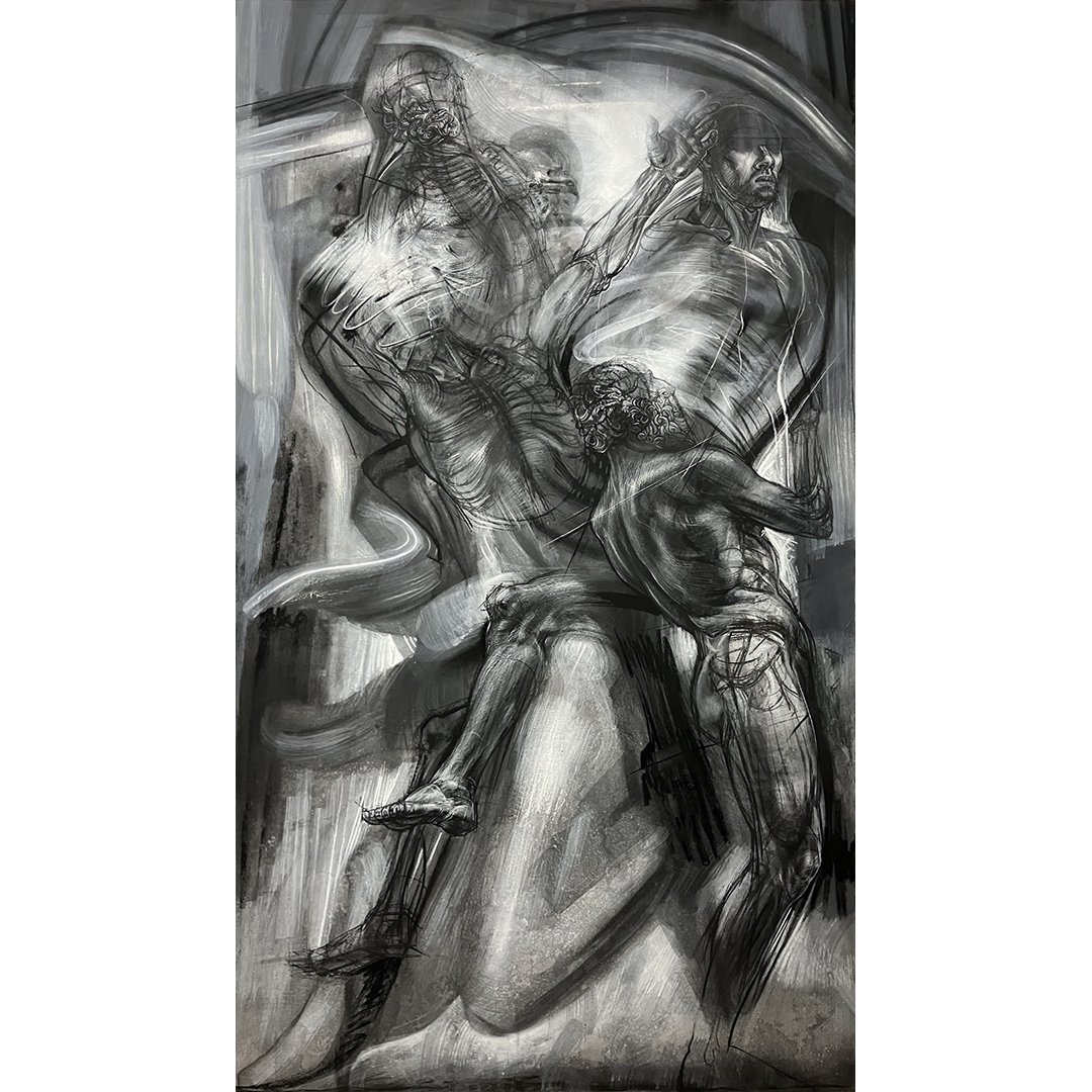 "Mass of the Undone" 2025, charcoal on Arches cotton rag, 41 × 72½ inches