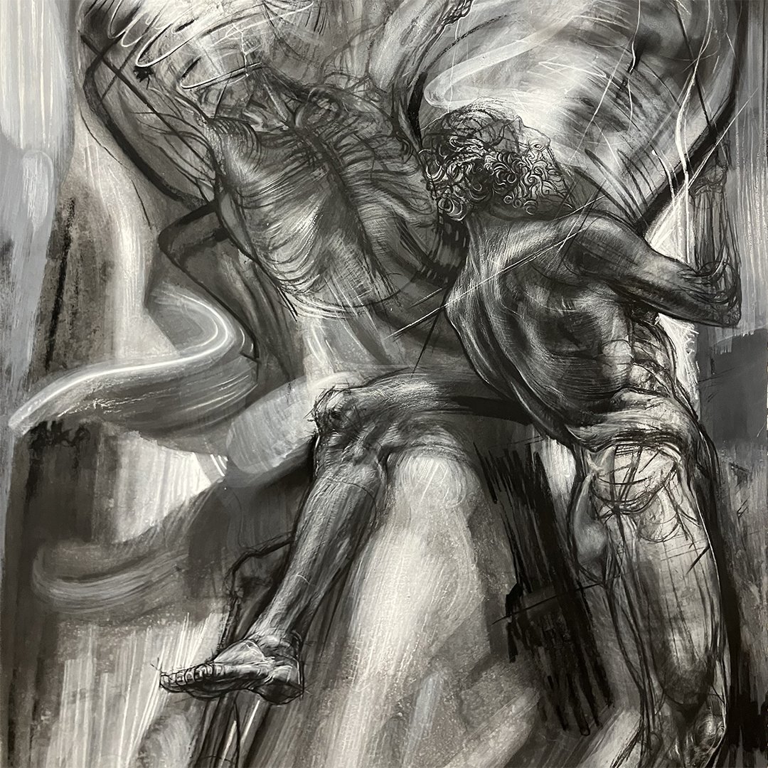Detail - "Mass of the Undone" 2025, charcoal on Arches cotton rag, 41 × 72½ inches