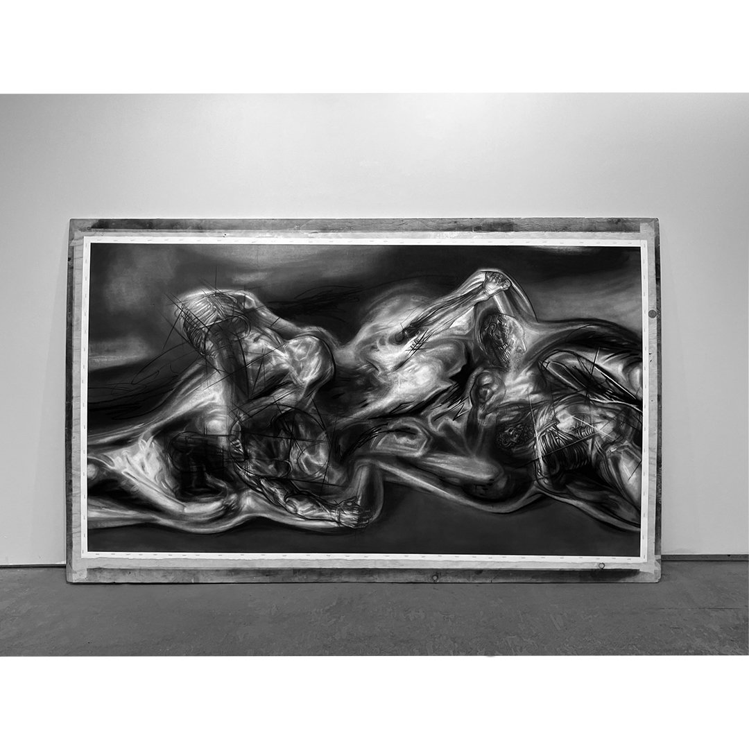 "Mass of the Undone" 2025, charcoal on Arches cotton rag, 72½ x 42 inche