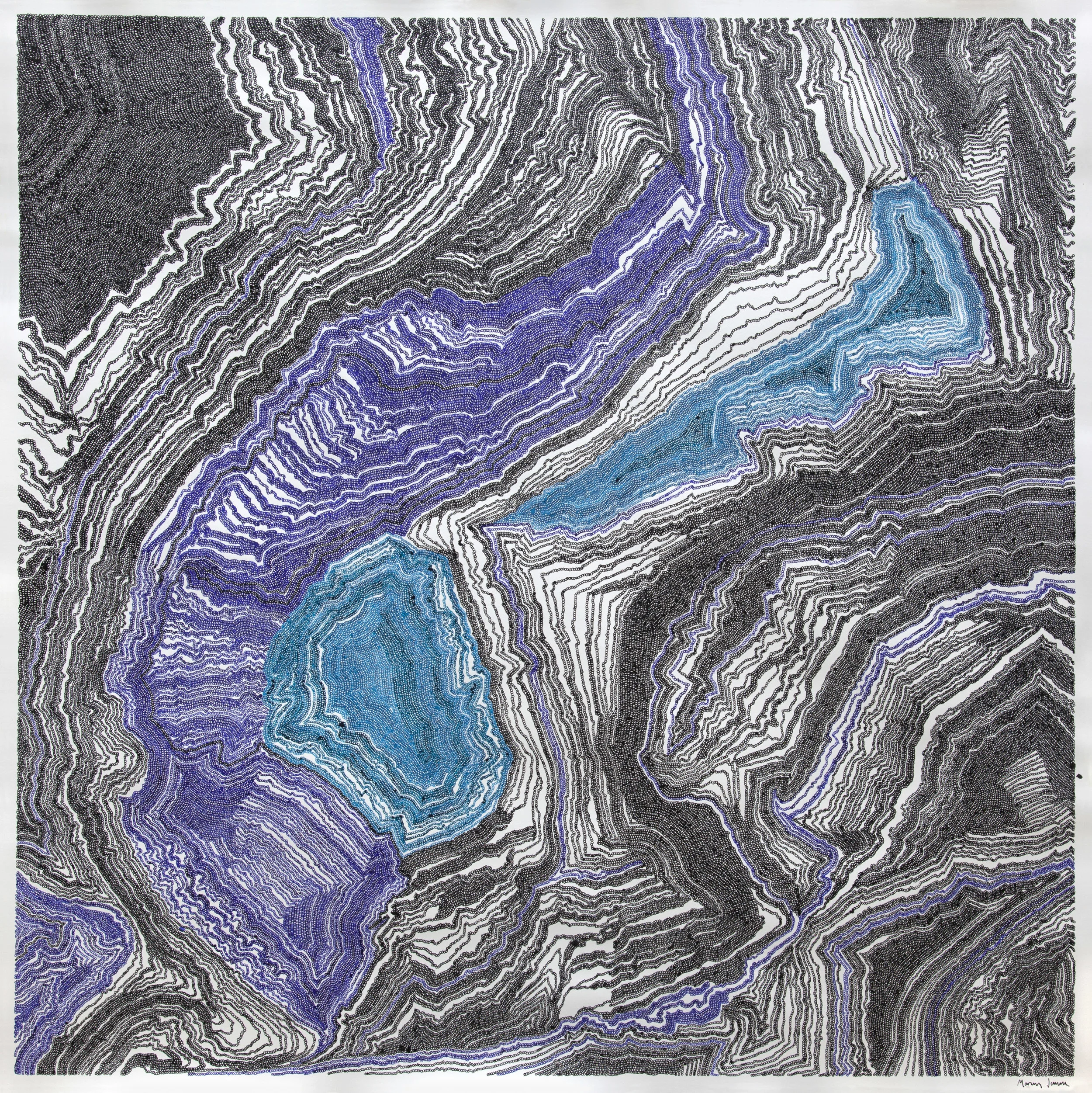 Ffos-Y-Fran I 2018, ink on paper, 1500mm x 1500mm Around the world mining is causing massive environmental, social and political problems. These scars on the landscape have come to typify our attitude to our environment. There is however a certain physical beauty in the man-made ever changing landscape.