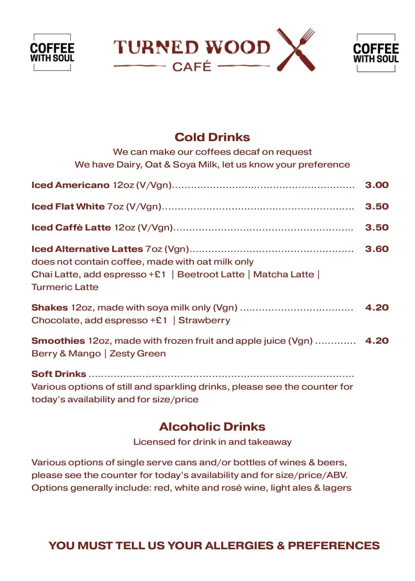 Turned Wood Cafe Menu — Coffee With Soul