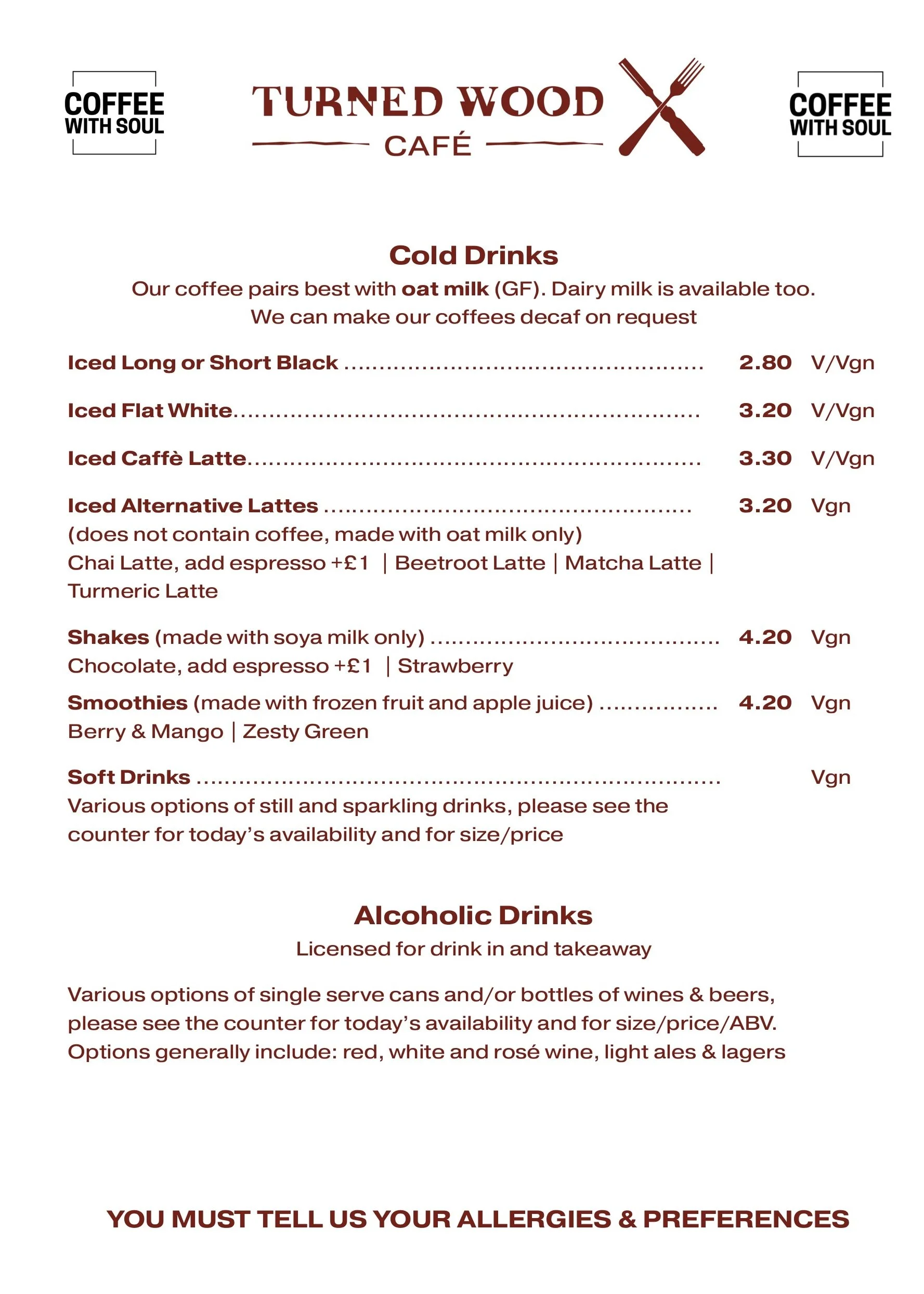 Turned Wood Cafe Menu — Coffee With Soul