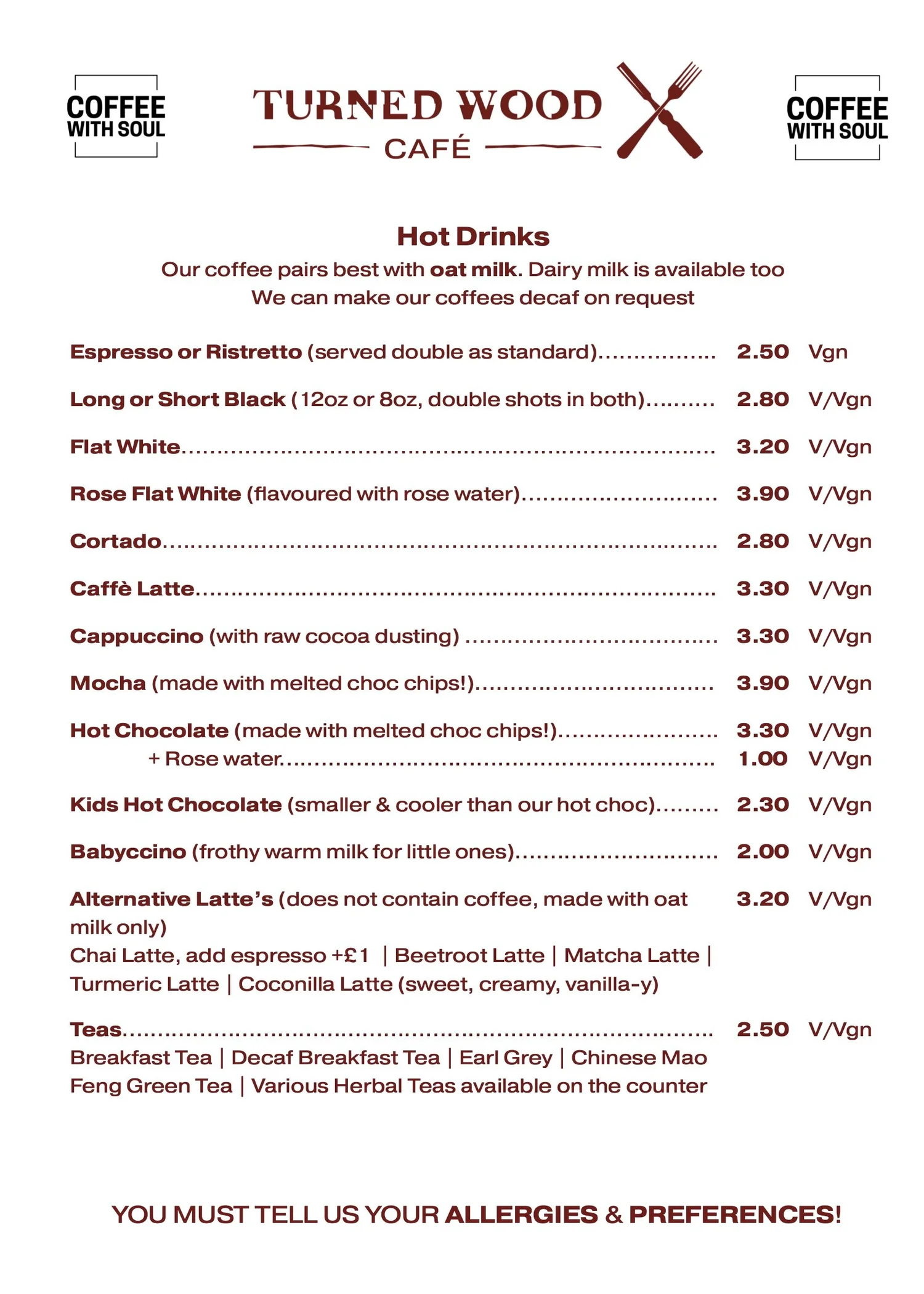 Turned Wood Cafe Menu — Coffee With Soul