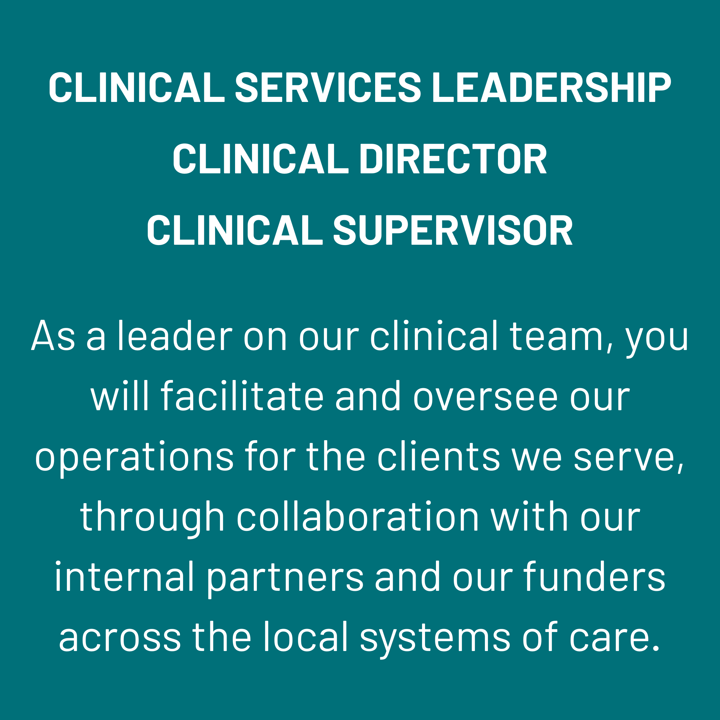 Graphic announcing clinical leader job opportunities available, featuring bold headline text and professional design elements that highlight openings for qualified healthcare leaders.